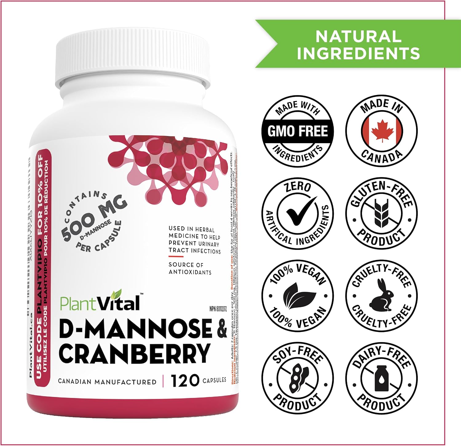 Detalle 2 de PlantVital D-Mannose Capsules, 1,000 mg Daily Dose with Cranberry, 120 Count
