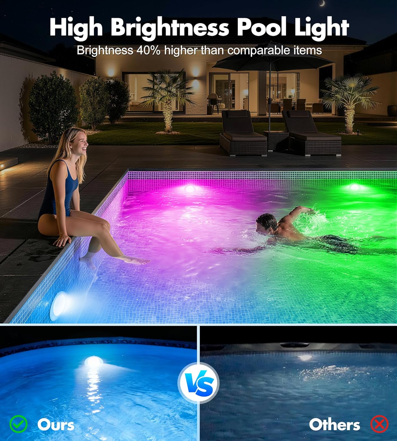 Detalle 2 de DeeprBlu 2026 Éclairage Piscine Submersible Sans Fil avec Télécommande – LED Etanche IP68 et Rechargeable