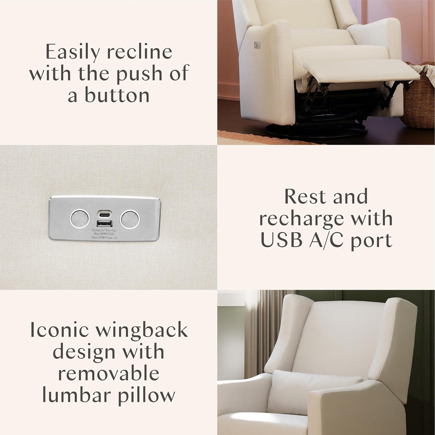 Detalle 2 de Babyletto Kiwi M11288PCMEW Electric Recliner Glider, Cream Eco-Weave