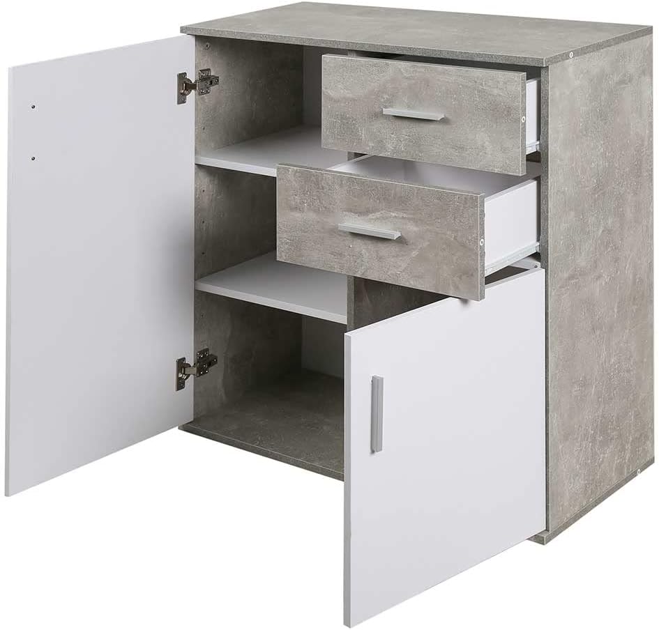 Thumbnail 2 de BAKAJI Mobile Madia con 2 Cassetti e 2 Ante, 82x35x80 cm – Design Moderno in MDF Bianco e Grigio Effetto Cemento