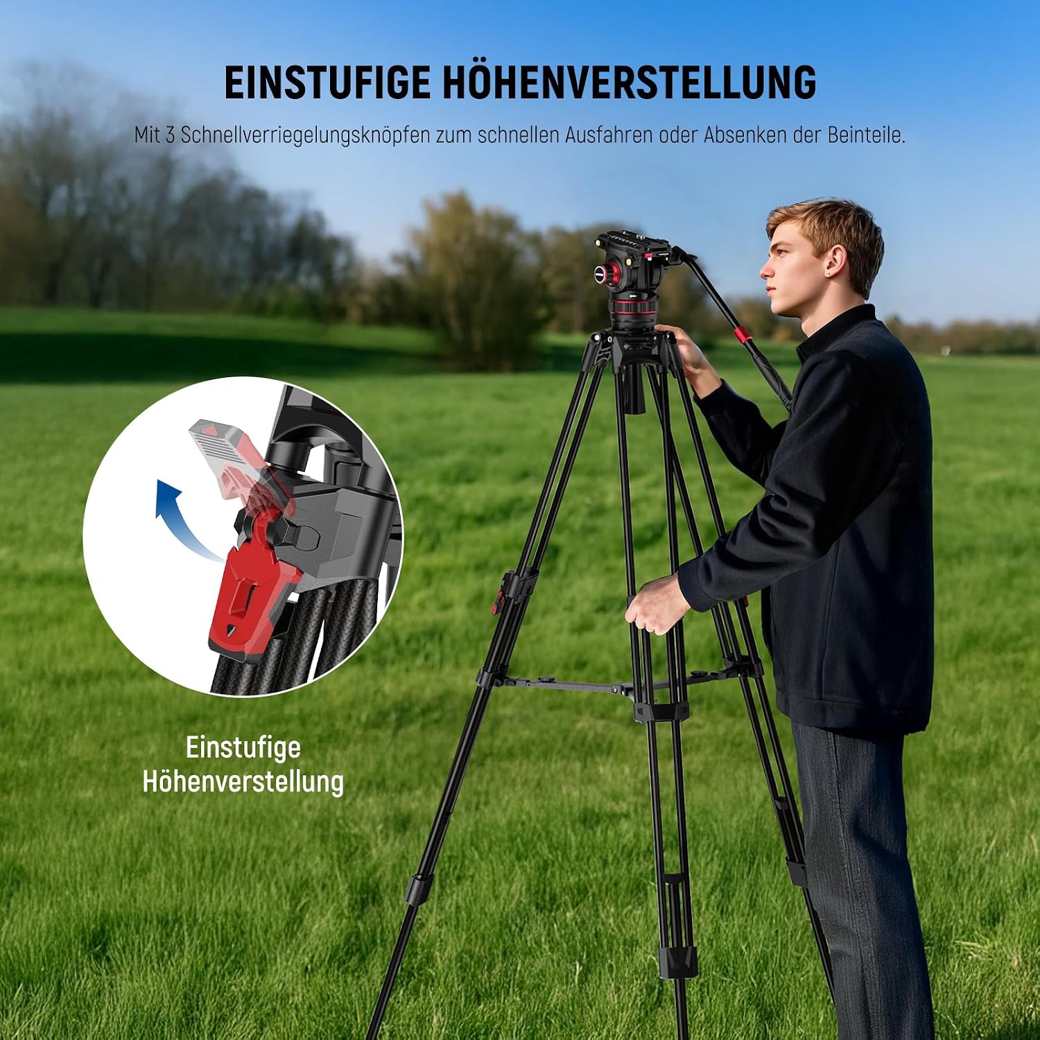 Detalle de NEEWER 78" Kohlefaser-Video-Kamerastativ mit Fluidkopf, dämpfbarer Neigung und QR-Schnellwechsel