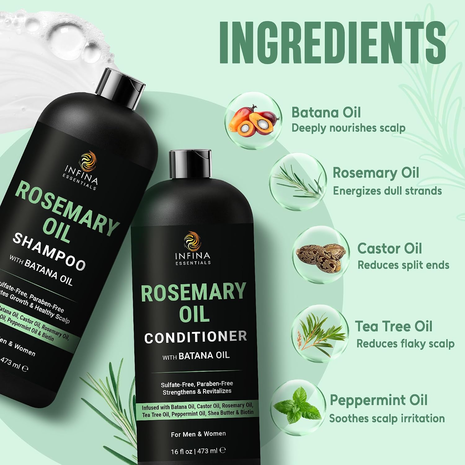 Thumbnail 3 de INFINA ESSENTIALS Rosemary Oil Shampoo & Conditioner Set with Batana Oil & Biotin (Sulfate-Free Thickening)