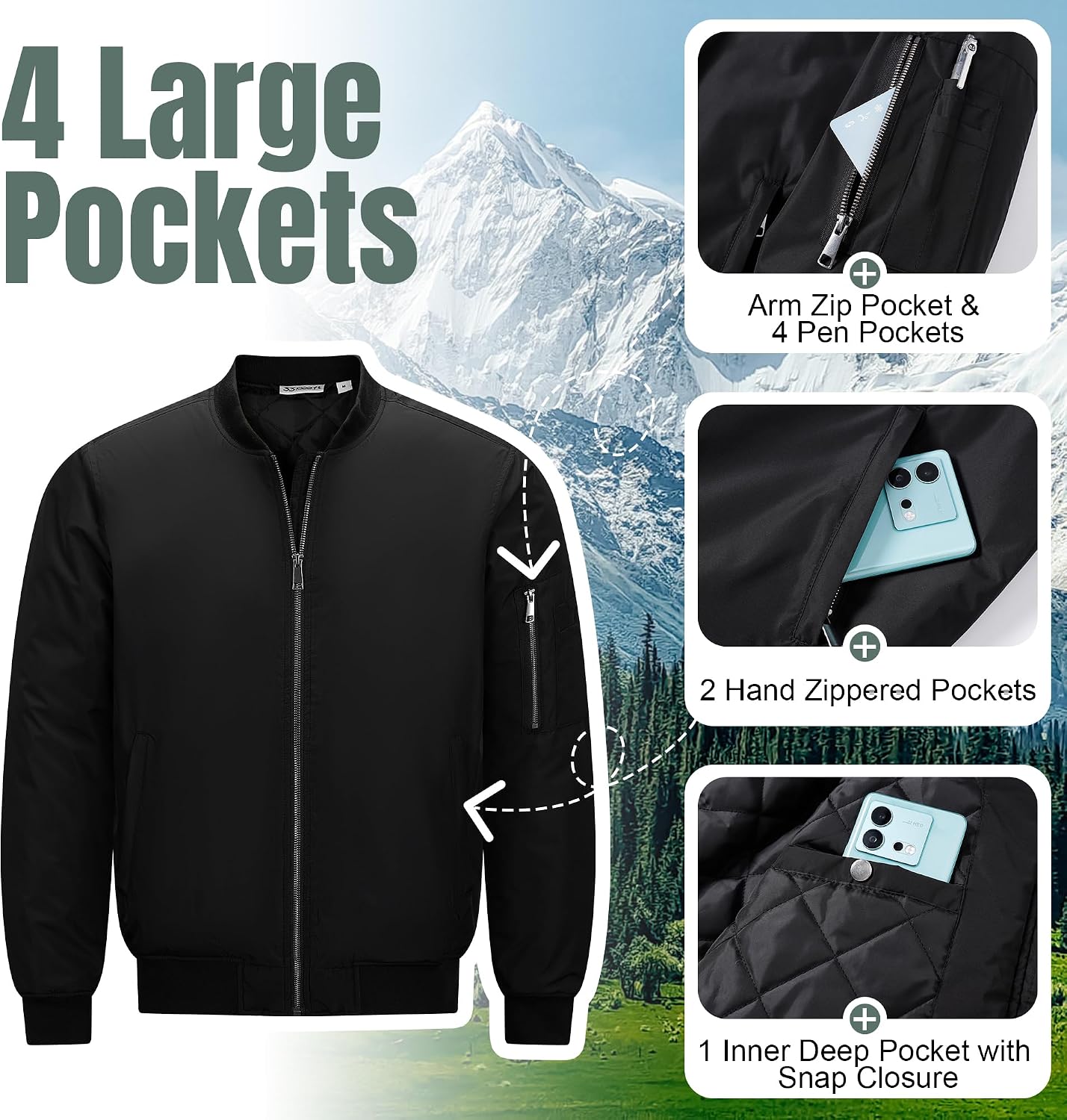 Thumbnail 5 de 33,000ft Bomberjacke Herren – wasserdichte & winddichte Übergangsjacke mit DWR und 4 Taschen