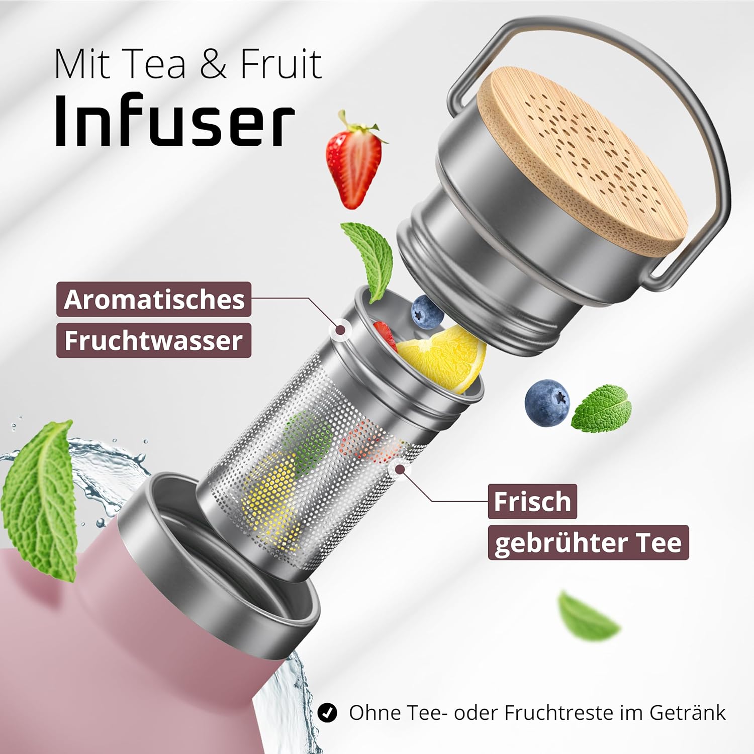 Thumbnail 4 de Edelstahl-Trinkflasche mit Strohhalm & Infuser plus 3 Deckeln – BPA-frei, auslaufsicher, kohlensäuregeeignet