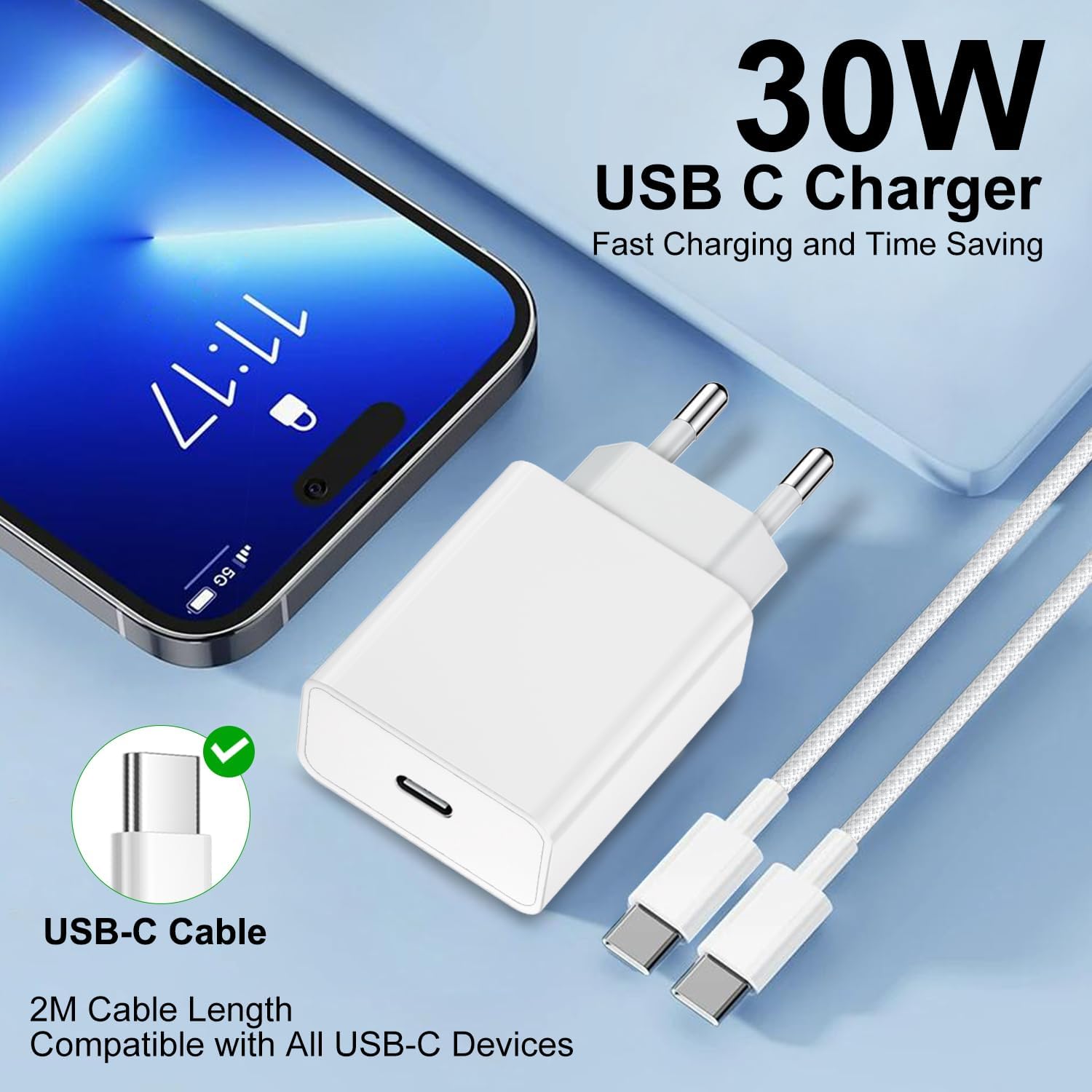 Thumbnail 1 de Bimker chargeur rapide USB-C 30 W pour iPhone 17/16 Pro et iPad (câble USB-C 2 m nylon tressé)