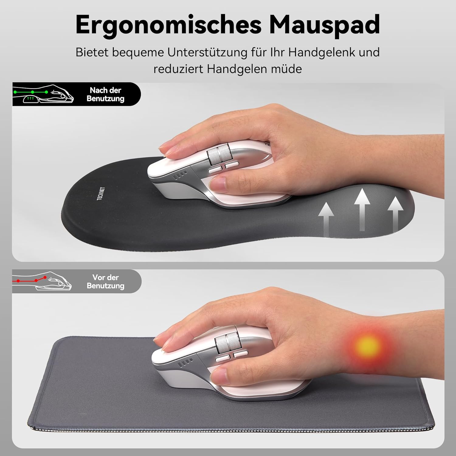 Thumbnail 2 de TECKNET ergonomisches Mauspad mit Handauflage und Memory-Schaum – rutschfeste PU-Basis (Gaming & Büro)