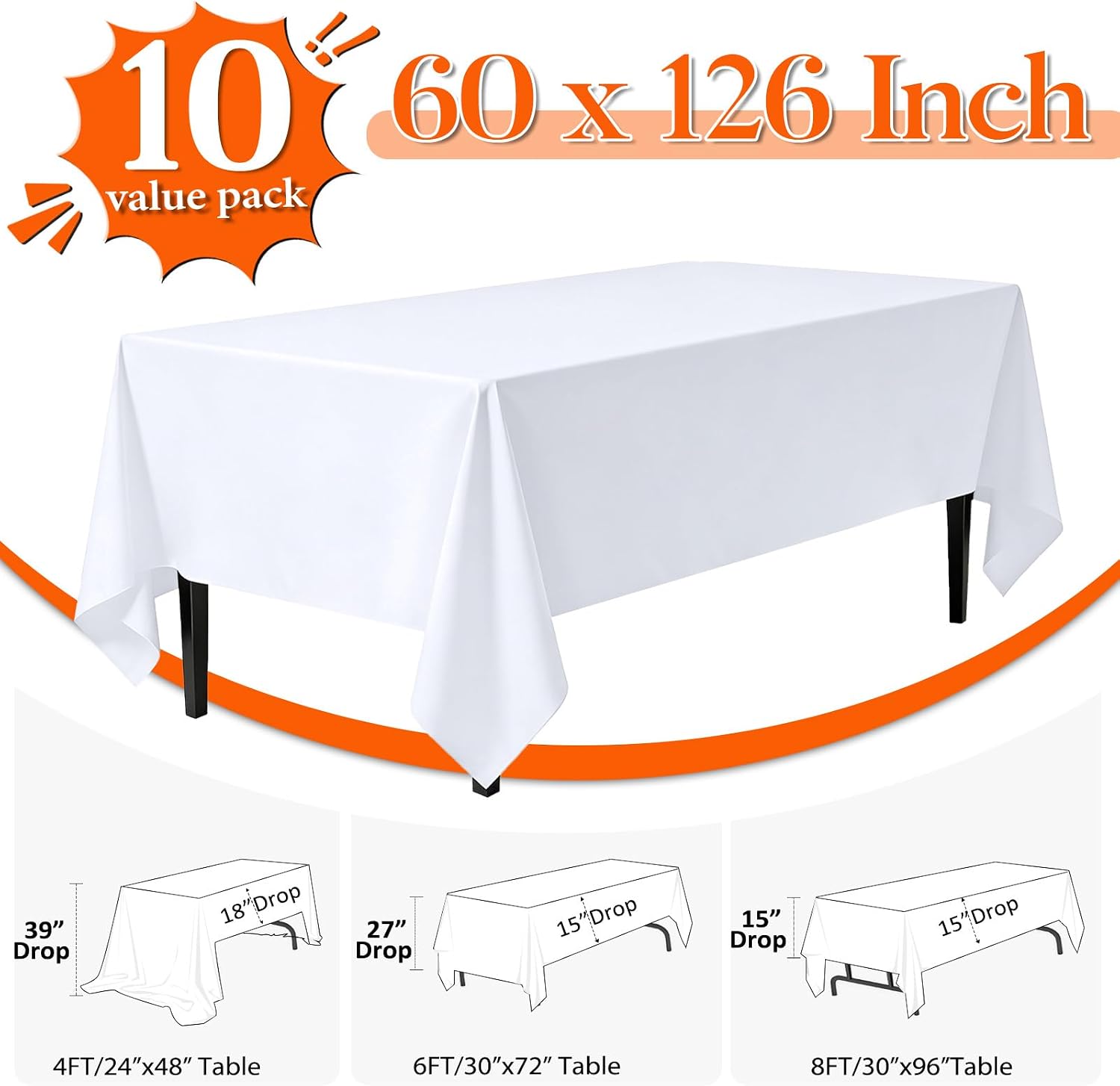 Detalle de Dexbriz 10 Pack White Rectangle Table Cloths – 60 x 126 Inches for 8-Foot Tables