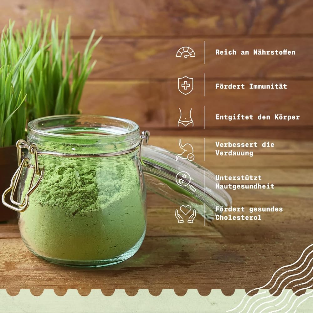 Detalle de NaturaleBio Gerstengras Pulver 200 g – Bio für Gerstengrassaft, Smoothies & Joghurt