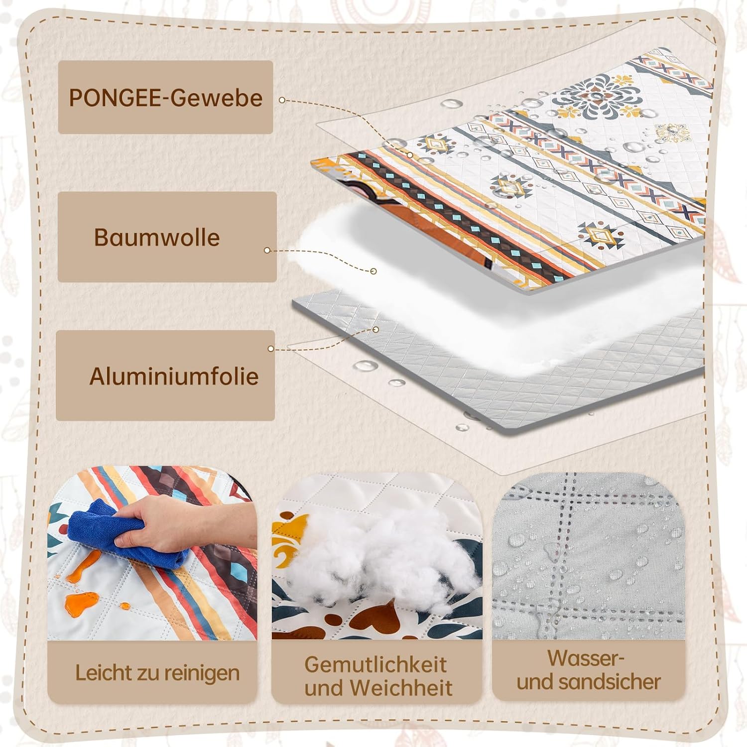 Thumbnail 2 de HAUSPROFI Picknickdecke Boho 200x200 cm – wasserdicht, isoliert und tragbar