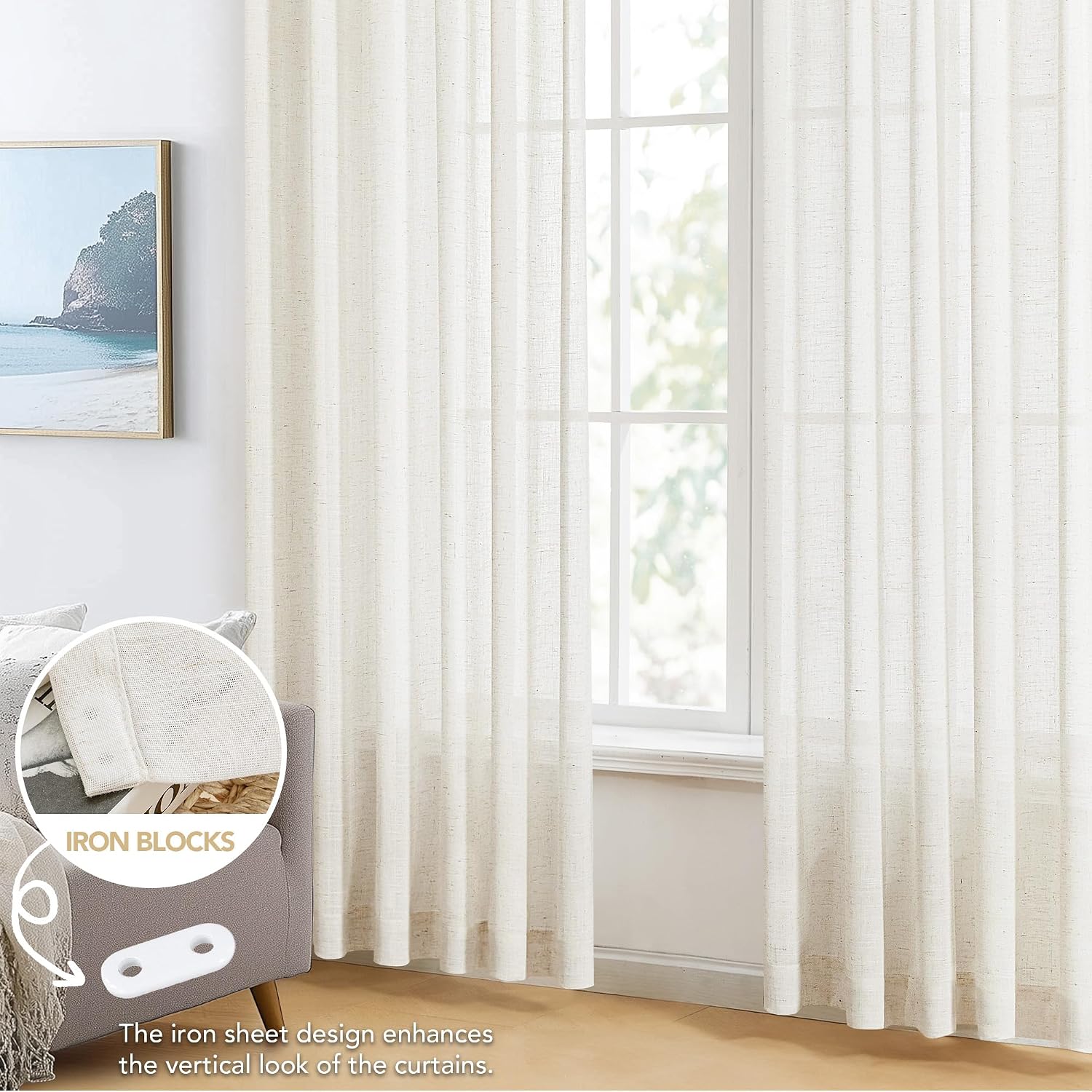 Detalle de Deconovo Rideau décoratif semi-transparent en lin – 280 × 245 cm (1 panneau)