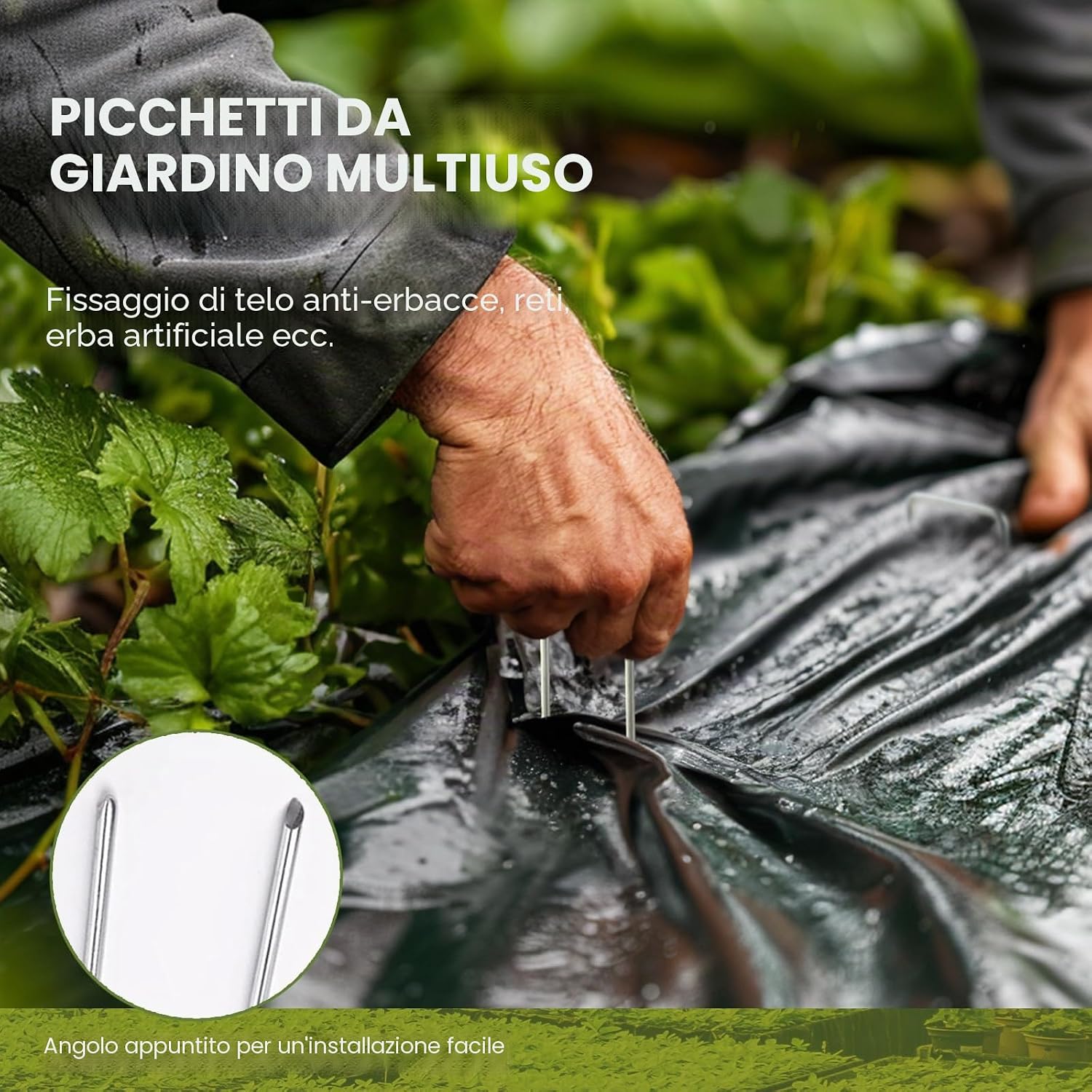 Detalle de Velway Set di 50 Picchetti per Telo Pacciamatura (150x36mm, Ø 3mm) in acciaio zincato – U a testa piatta, antiruggine