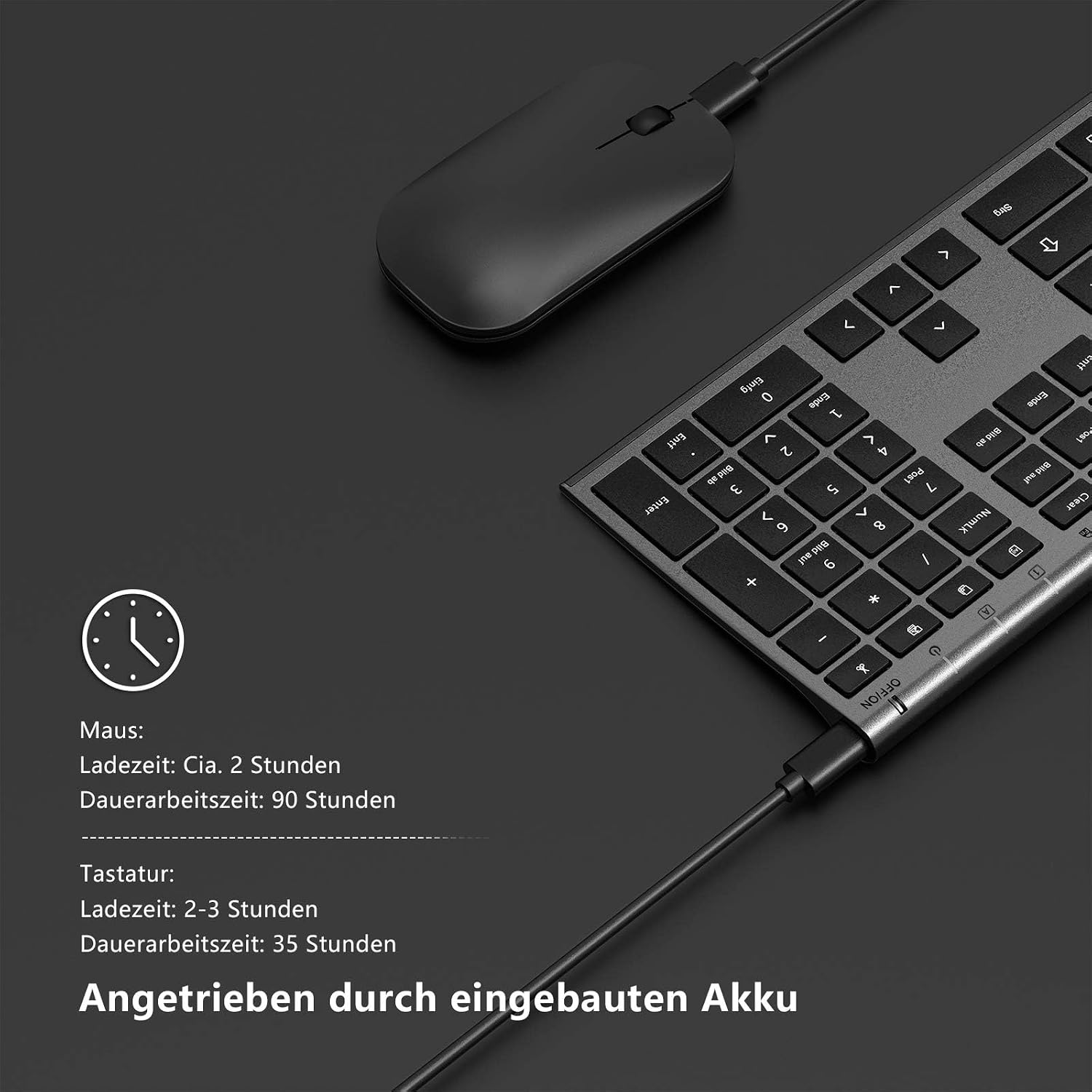 Thumbnail 2 de seenda KS15F kabelloses Tastatur-Maus-Set 2,4G (QWERTZ) ultraflach, wiederaufladbar, Grau/Schwarz
