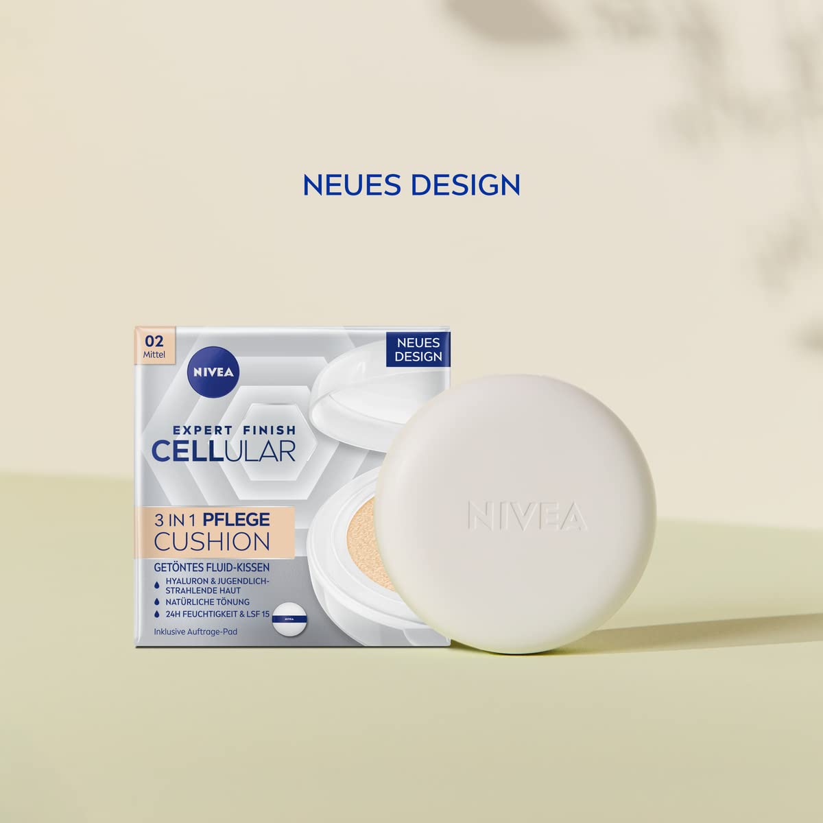Detalle 2 de NIVEA Cellular Expert Finish 3in1 Pflege Cushion – Make-up mit Hyaluron, Kollagen-Booster und LSF 15 (15 g) für mittlere Hauttöne
