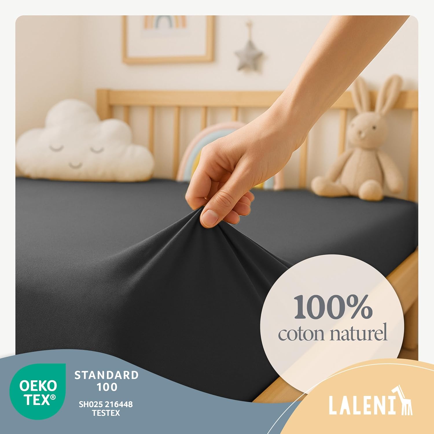 Thumbnail 2 de Laleni Basic Drap-housse bébé 50x89 cm en 100% coton respirant, lot de 1 – anthracite, certifié Oeko-TEX 100