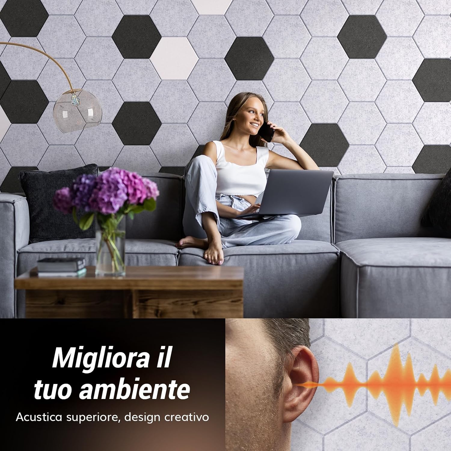 Detalle de TONOR Set di 12 Pannelli Acustici Murali Autoadesivi 30x26x1 cm – Pannello 3D Esagonale ad Alta Densità