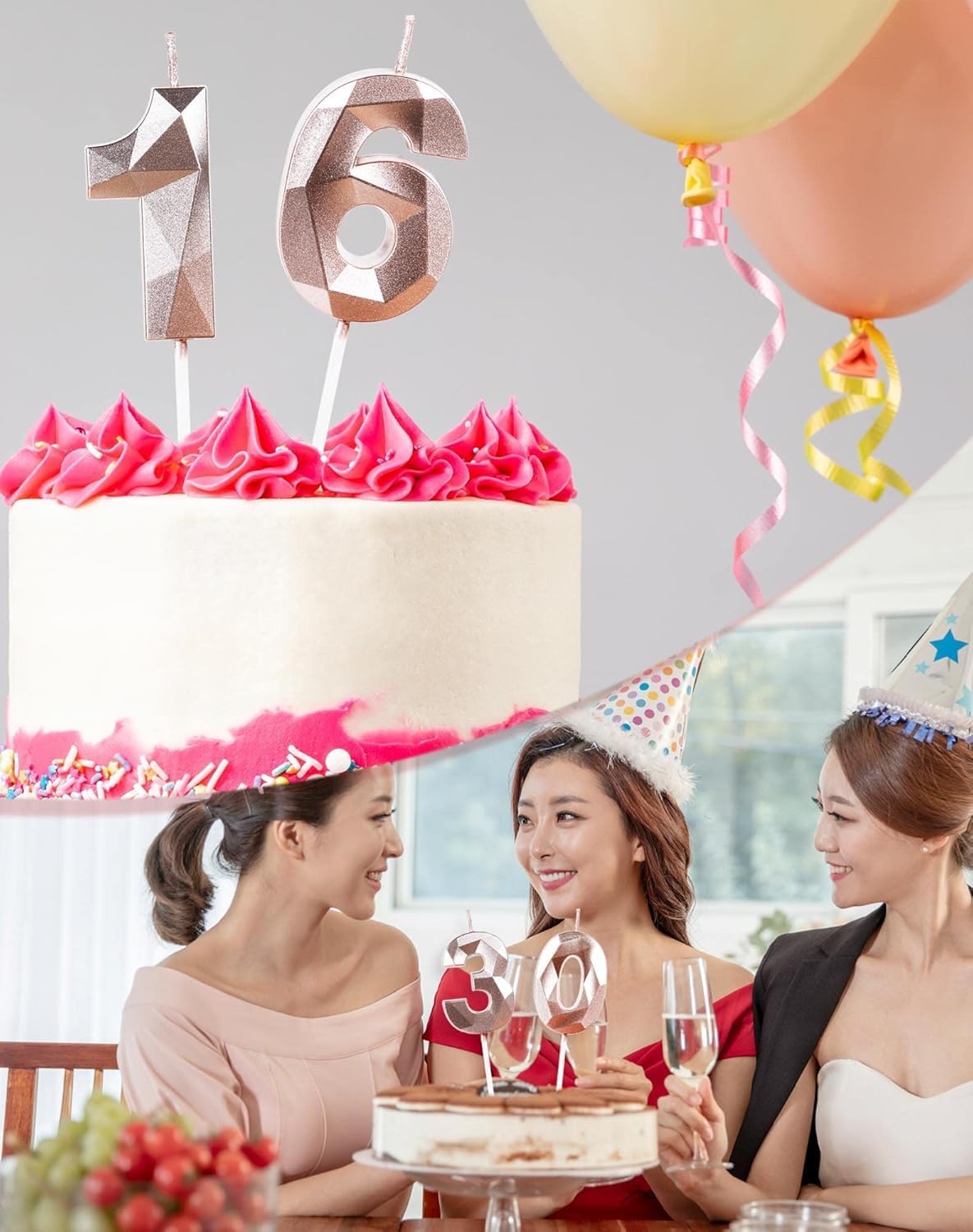 Thumbnail 5 de Rose Gold 55th Birthday Candles for Cake (Number 55) – 3D Diamond-Style Topper
