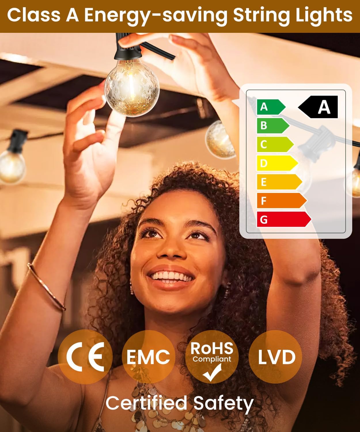 Detalle de Catena Luminosa Esterno 20M con 30+2 Lampadine LED Effetto Fragola – IP44, Bianco Caldo 2700K