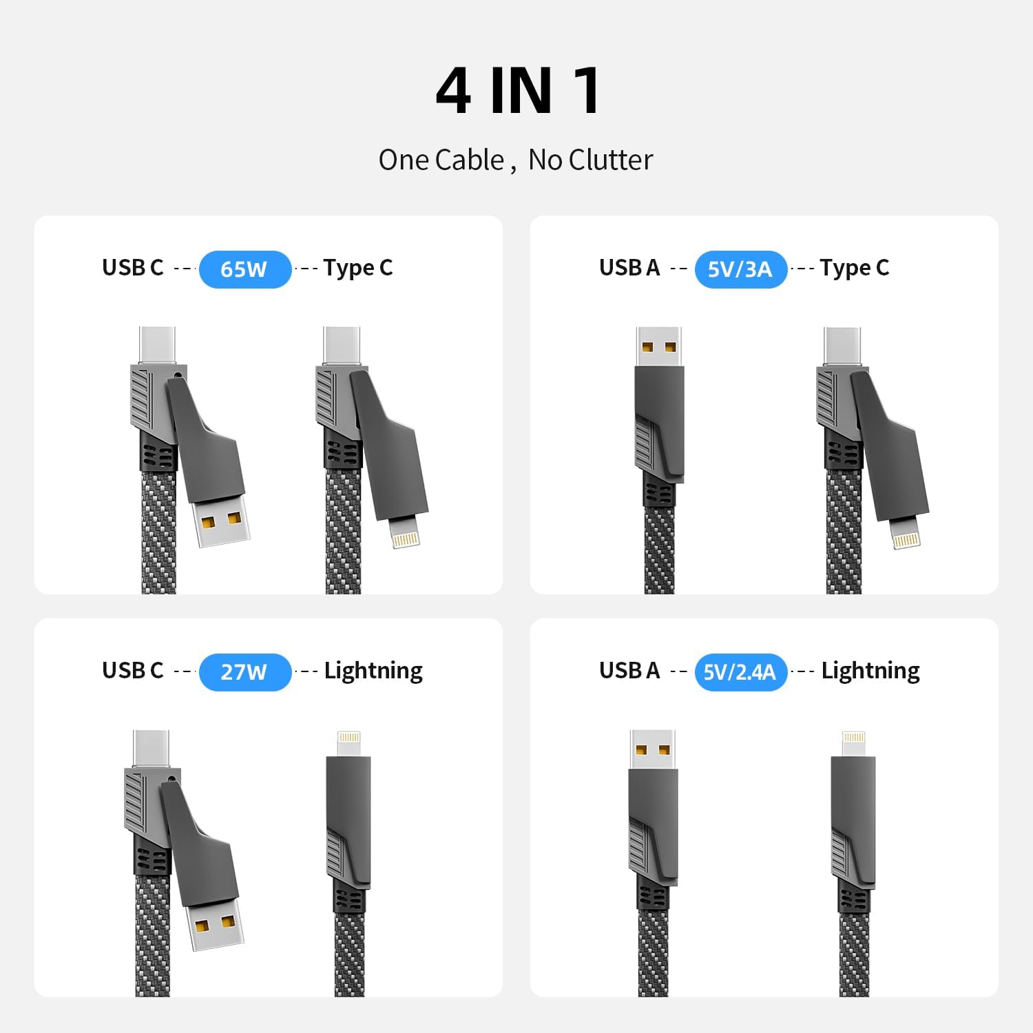 Thumbnail 1 de 4 in 1 USB-C Charging Cable (65W) with E-Mark Chip — USB-A + Lightning + Dual USB-C Multi-Charger Cord