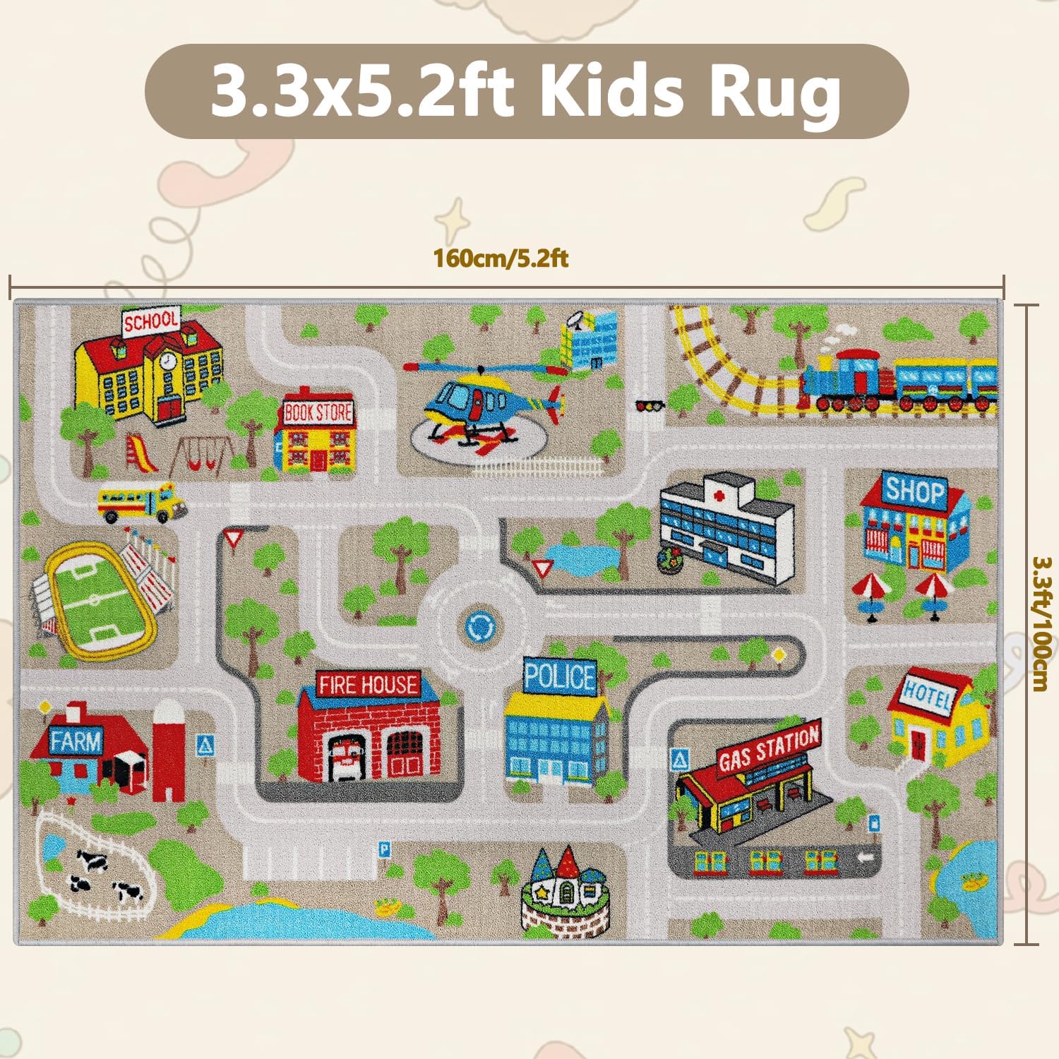 Detalle de Capslpad Kinder-Spielteppich „Stadtleben“ 100 x 160 cm – rutschfest, kurzflorig, maschinenwaschbar