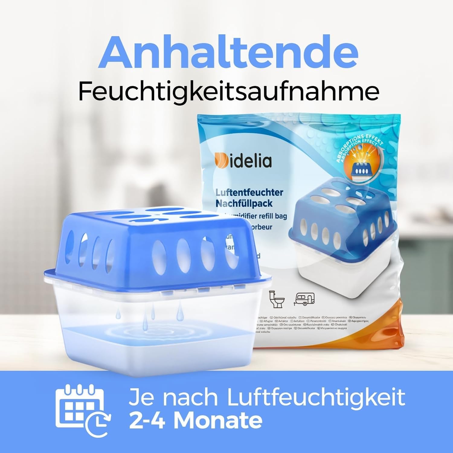 Detalle de Idelia Luftentfeuchter Granulat 400 g – Sparvorteil 10er Set Nachfüllpack (8x Nachfüllpack im Paket) für Schimmel- und Geruchsschutz