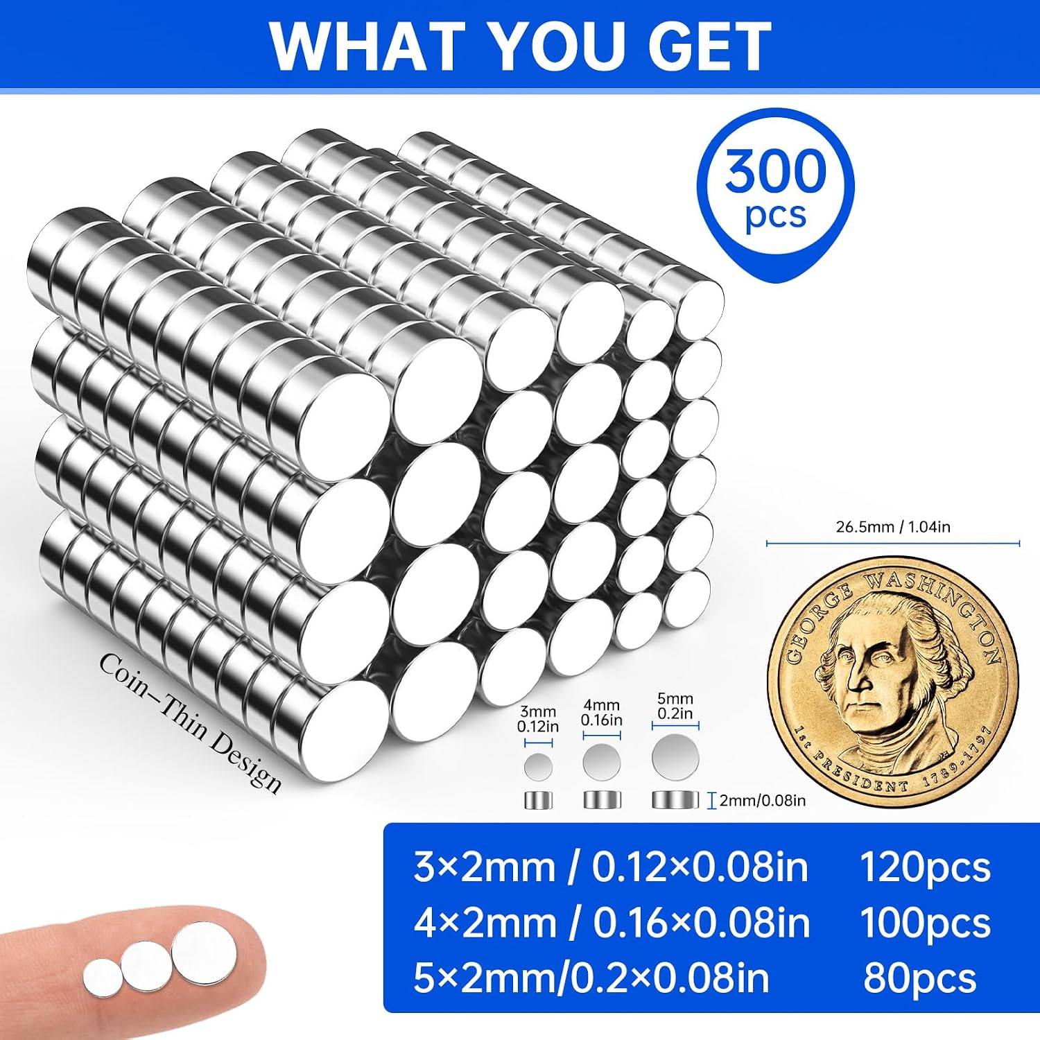 Detalle 2 de TIMHLOYINI 300-Piece Neodymium Disc Magnets, 3 Sizes, 2 mm Thick