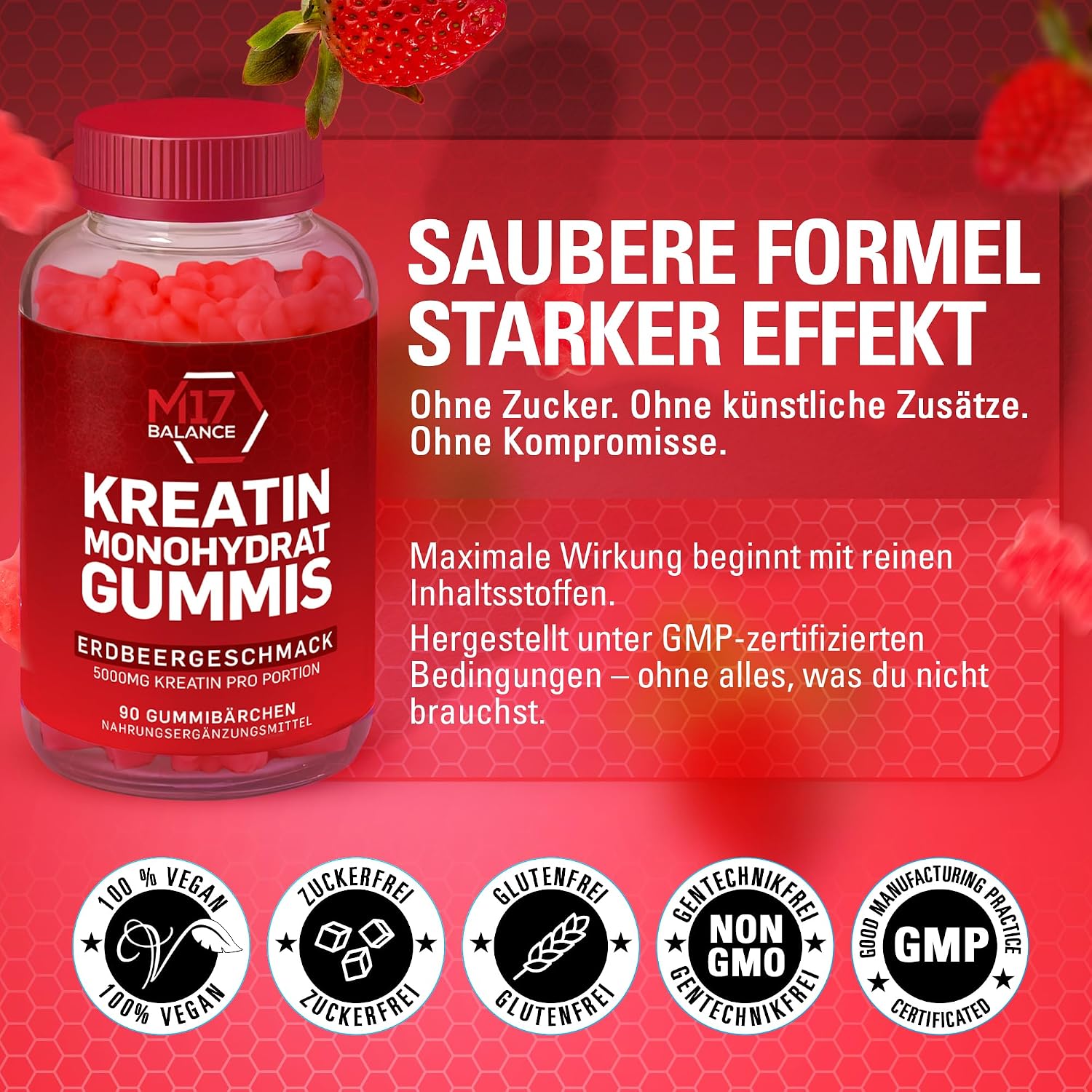 Detalle de Creatin Monohydrat Gummibärchen mit 5.000 mg Kreatin & BCAAs/L-Carnitin – 30 Portionen (Erdbeere), zuckerfrei, vegan