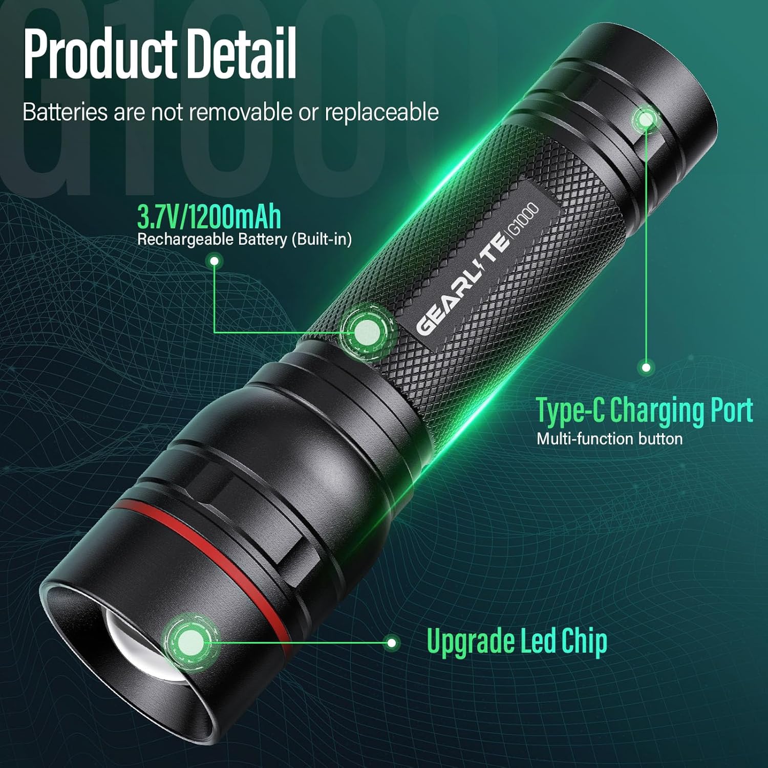 Detalle 2 de GEARLITE Taschenlampe LED Aufladbar – 2000 Lumen, kompakt, IP65, USB‑C Aufladung