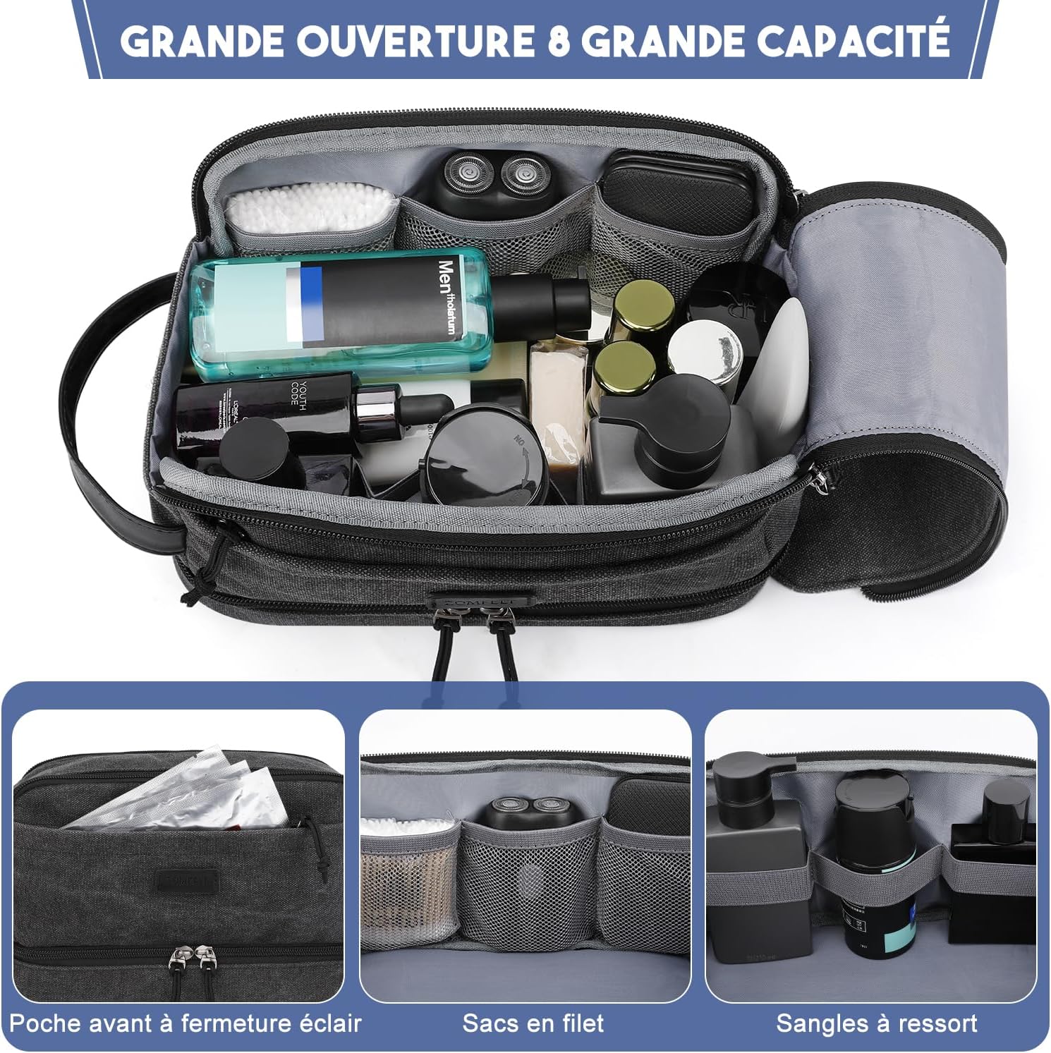 Detalle 2 de ZOMFELT Trousse de toilette de voyage double couche à suspendre, imperméable noire