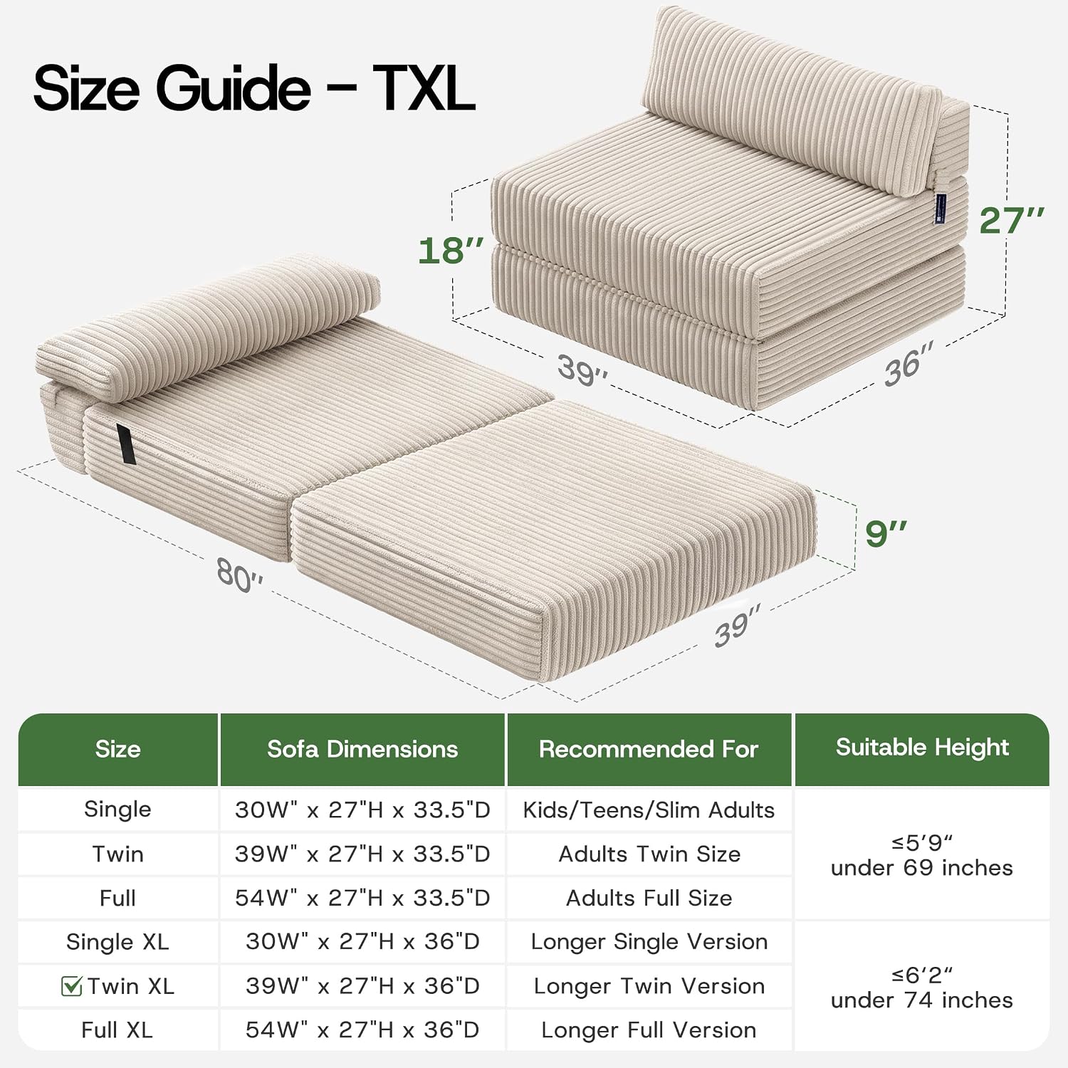 Detalle de MEGAYES Beige-Twin XL Size 4-in-1 Folding Sofa Bed, Beige Corduroy