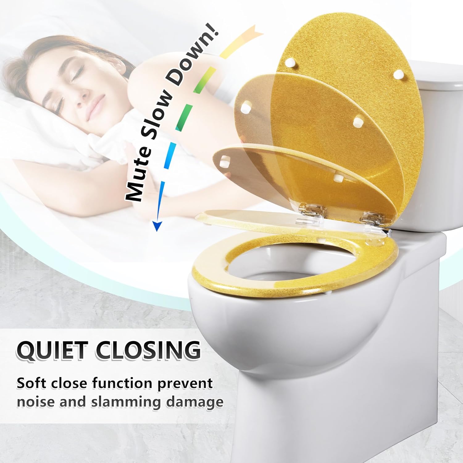Thumbnail 2 de Angel Shield Glitter Moulded Wood Toilet Seat (Oval) with Quiet Close & Quick-Release Hinges – Gold Yellow Glitter, 45x37cm