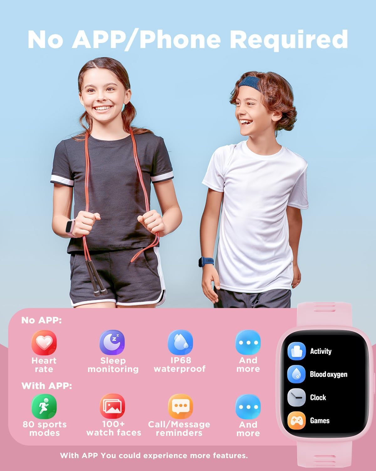 Detalle 2 de BIGGERFIVE Kids Smart Watch (1.8" Fitness Watch) with step counter, heart rate, sleep tracking and puzzle games