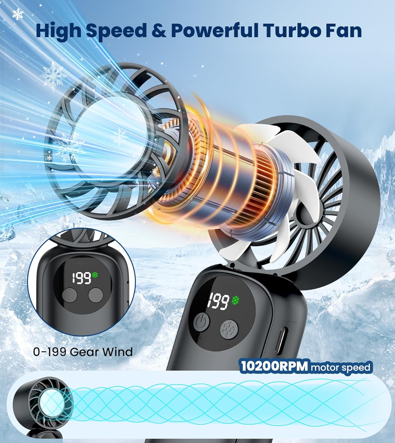 Detalle de Portable Handheld Fan with Turbo Cooling and 4000mAh Battery