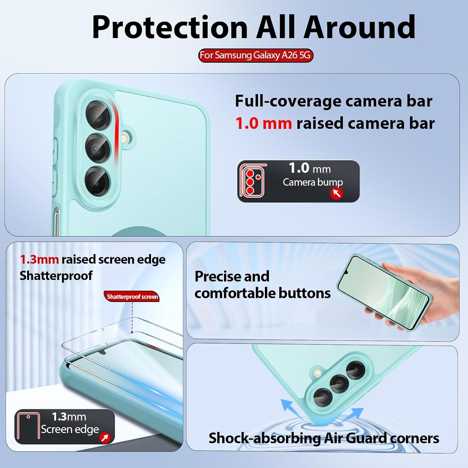 Thumbnail 3 de Dizn Case for Samsung Galaxy A26 5G with 2 Glass Screen Protectors, Wrist Strap, and MagSafe Compatibility – MintGreen
