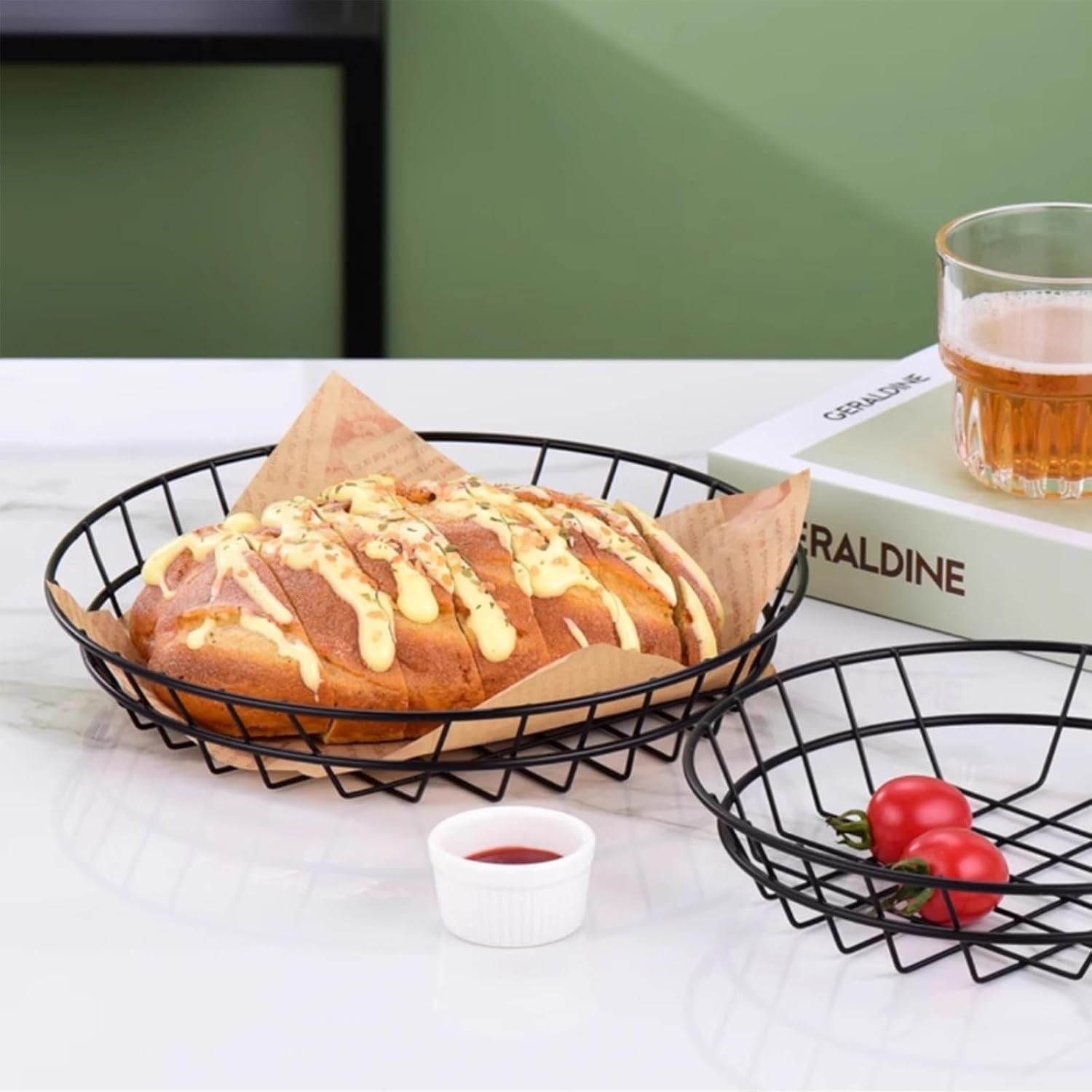Detalle 2 de Obstkorb, Runder Metallgitter Korb | 2 Stück schwarz – Flexibler Display- und Aufbewahrungshelfer für Obst, Gemüse, Brot