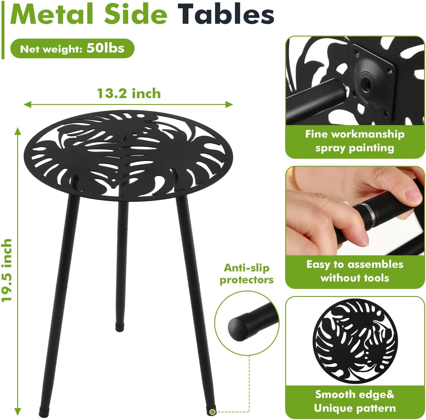 Detalle de Party Zealot PZ4513-1 Metal Side Tables, 2-Pack, Round Black Monstera Design