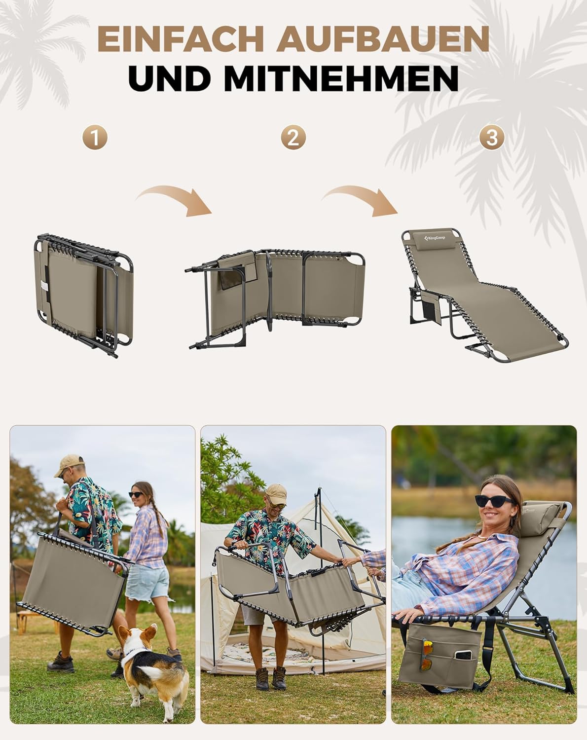 Thumbnail 6 de KingCamp Campingliege Sonnenliege – verstellbare Rückenlehne, Kopfkissen, 2er-Set Beige