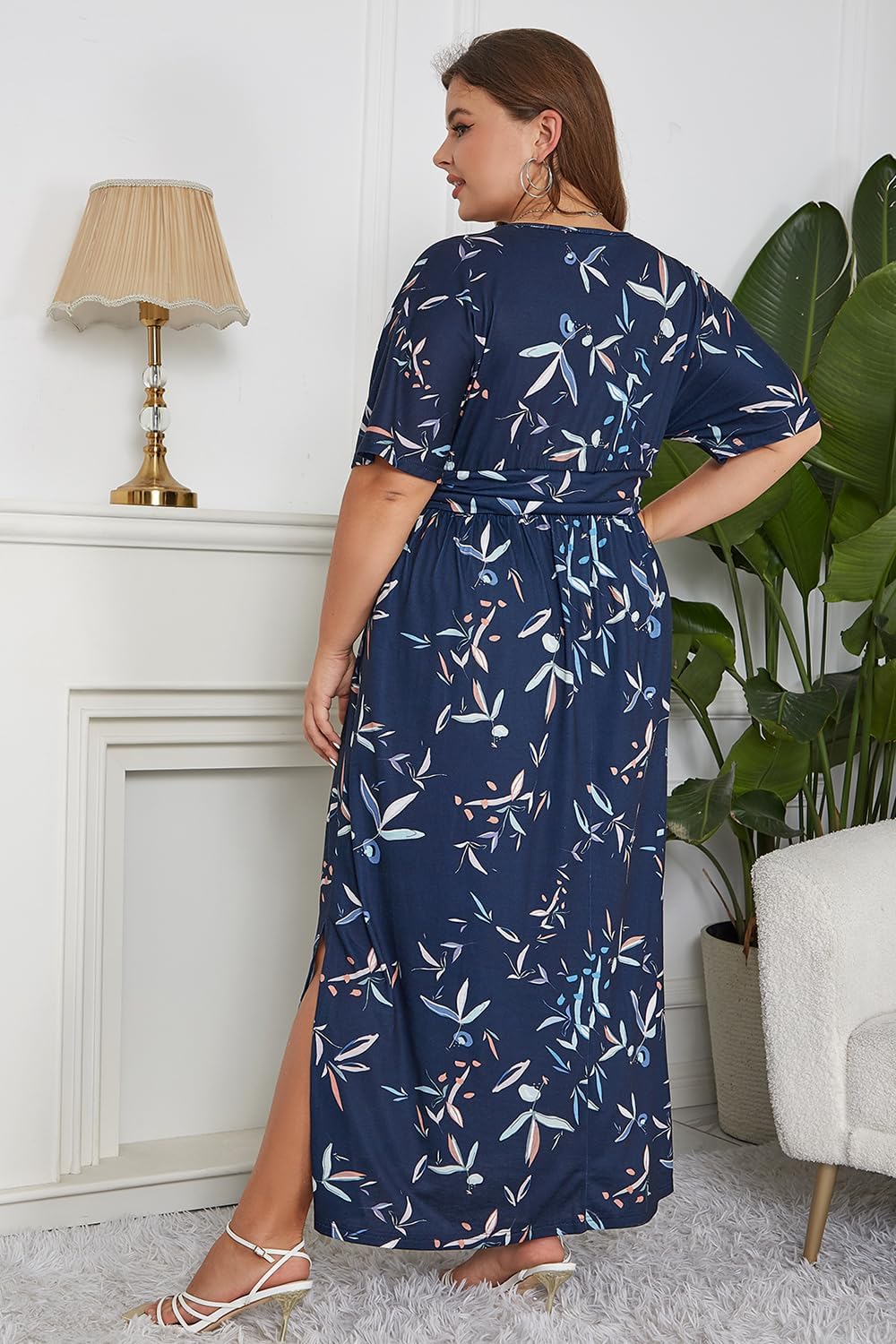 Detalle de Keluummi Women's Plus Size Floral Maxi Dress with V-Neck, 3/4 Sleeves and Pockets