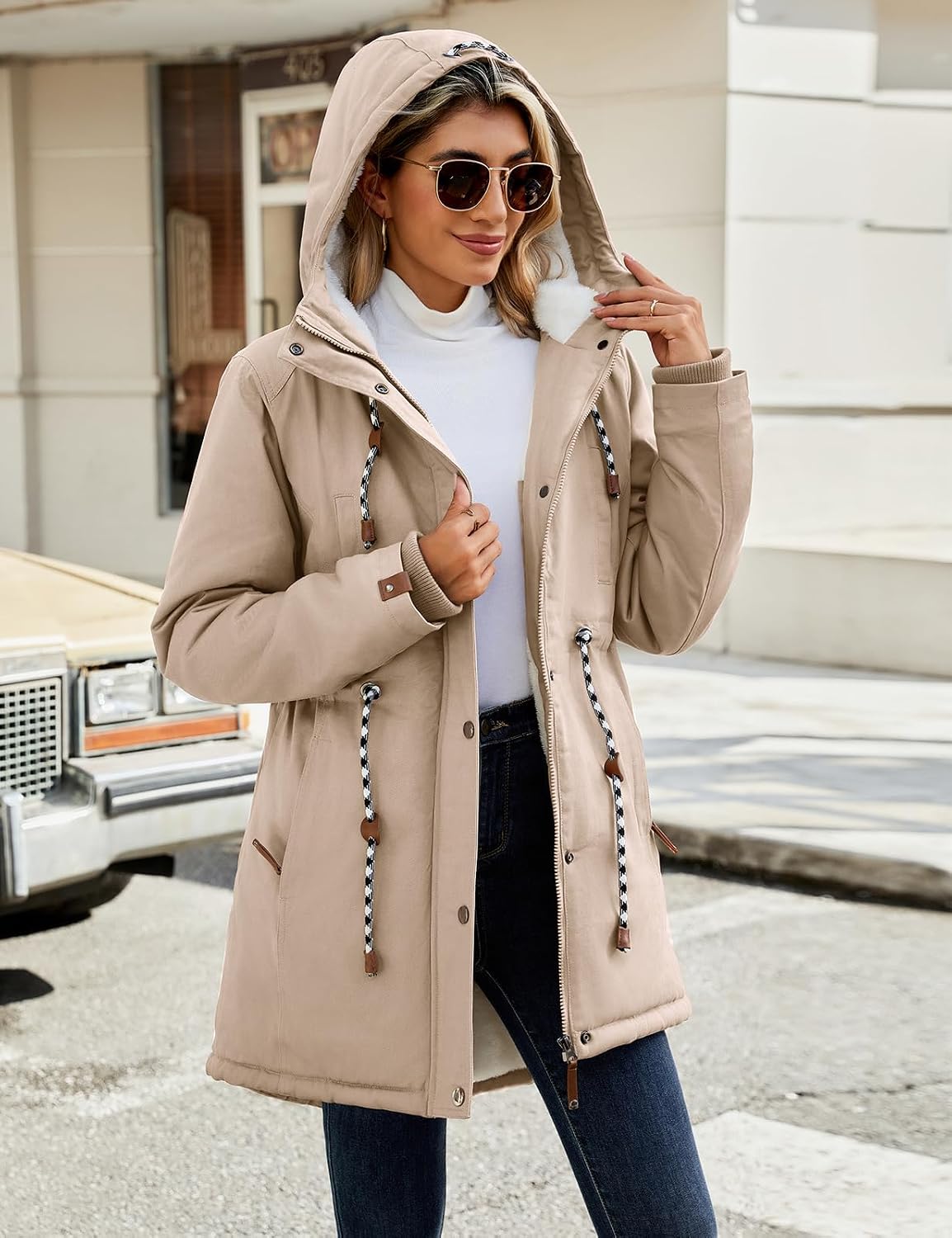Detalle de Xnova Women's Winter Fleece-Lined Parka Coat with Hood – Warm Cotton, Windproof Mid-Length Overcoat