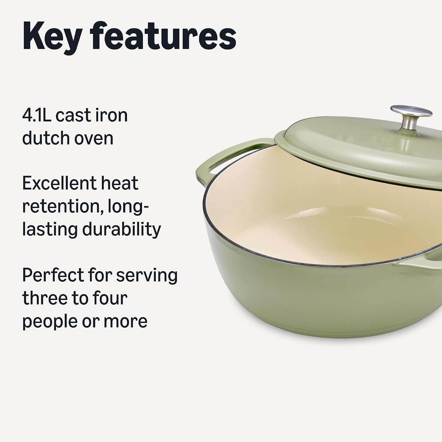 Detalle de Amazon Basics Enamelled Cast Iron Casserole Dish with Lid, Olive, 4.1 L