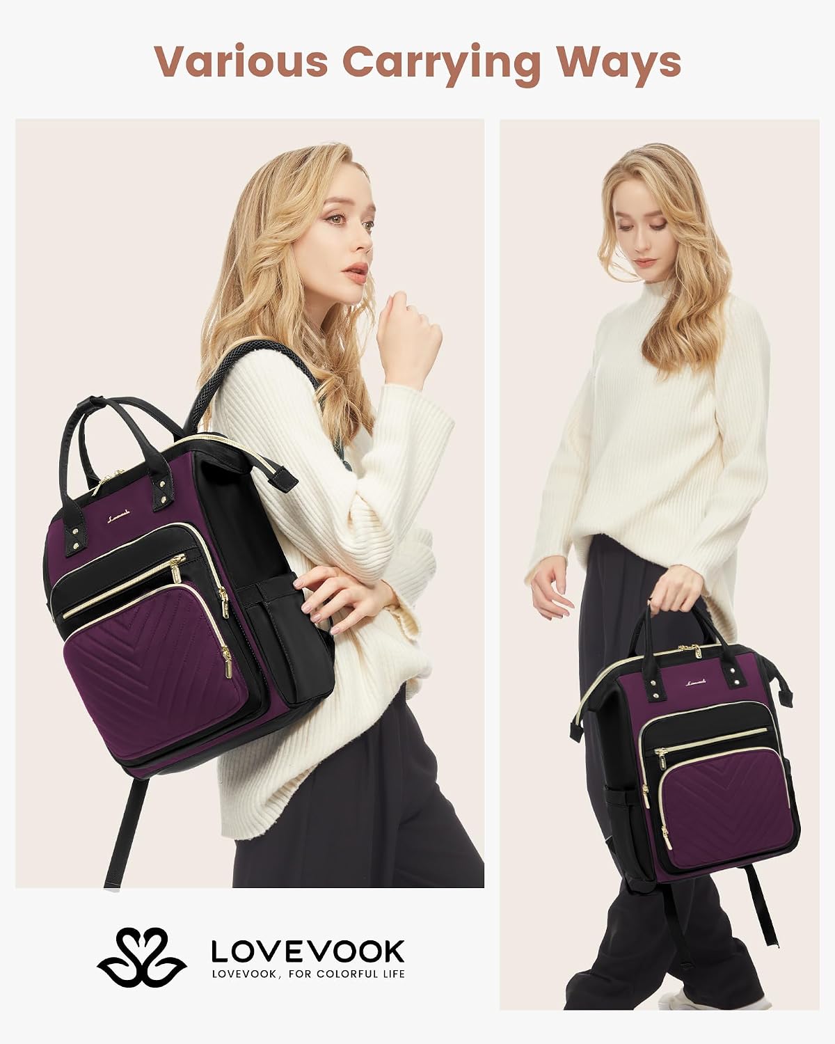 Detalle de LOVEVOOK Damen-Rucksack für Laptop bis 15,6 Zoll (wasserdicht) – City-/Reiserucksack in Violett