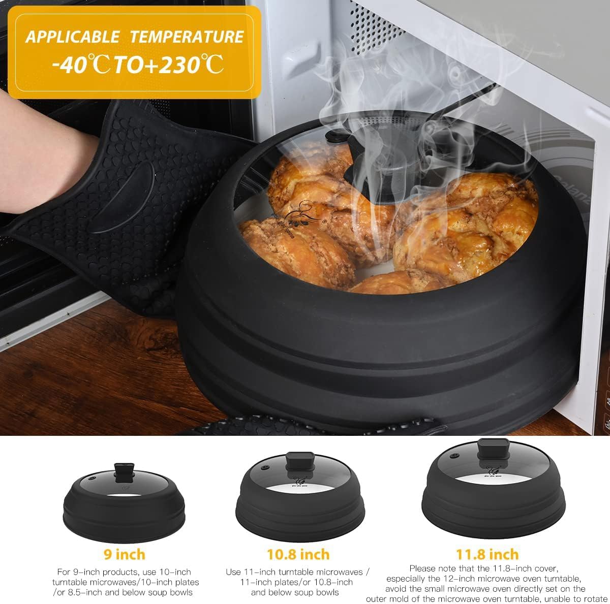 Thumbnail 1 de Microwave Splatter Cover Glass Guard with Collapsible Silicone Handles – 10.8 inch, 2 Pack (Black)