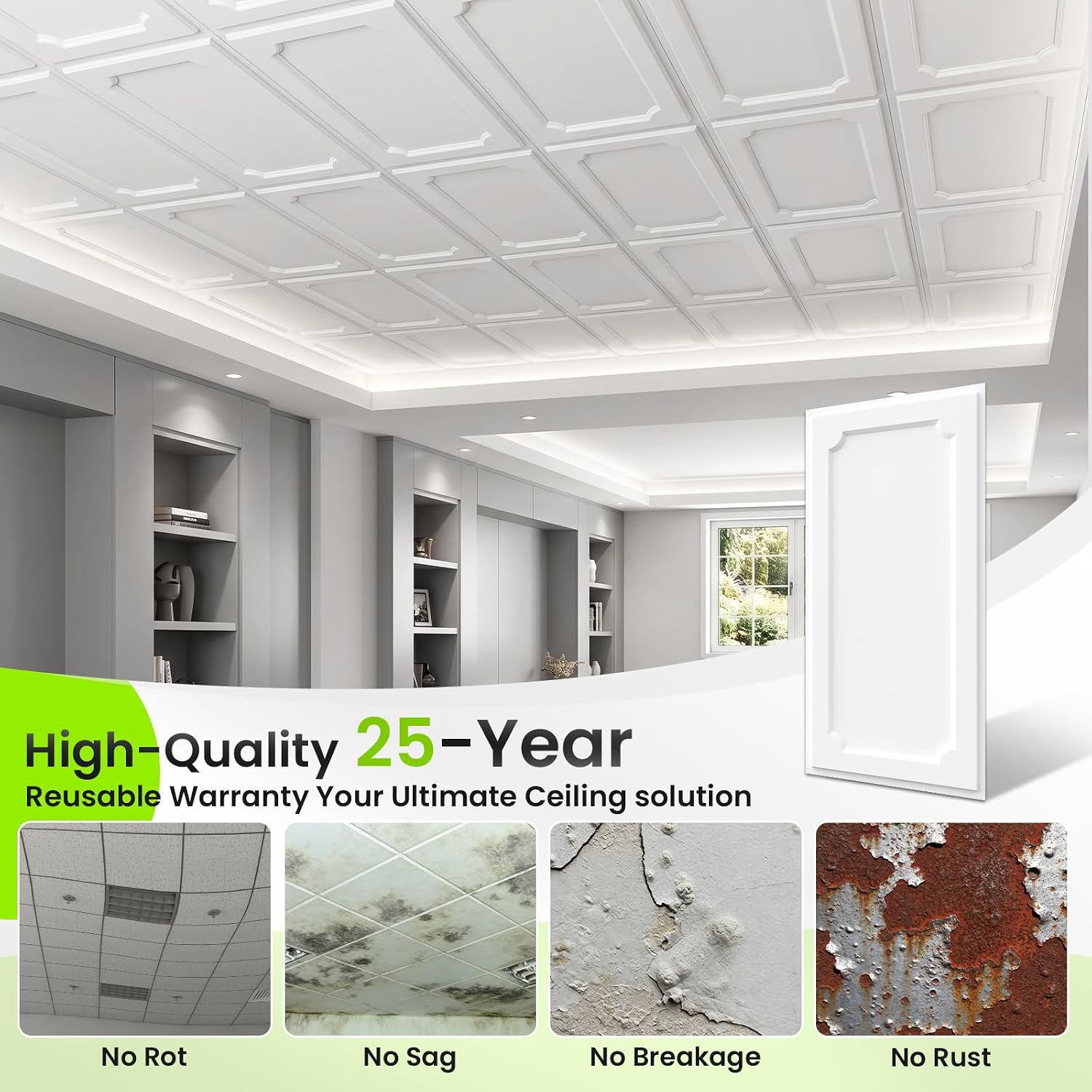 Detalle de LooYee 2 x 4 ft PVC Drop Ceiling Tiles, White, Waterproof, 24-Pack