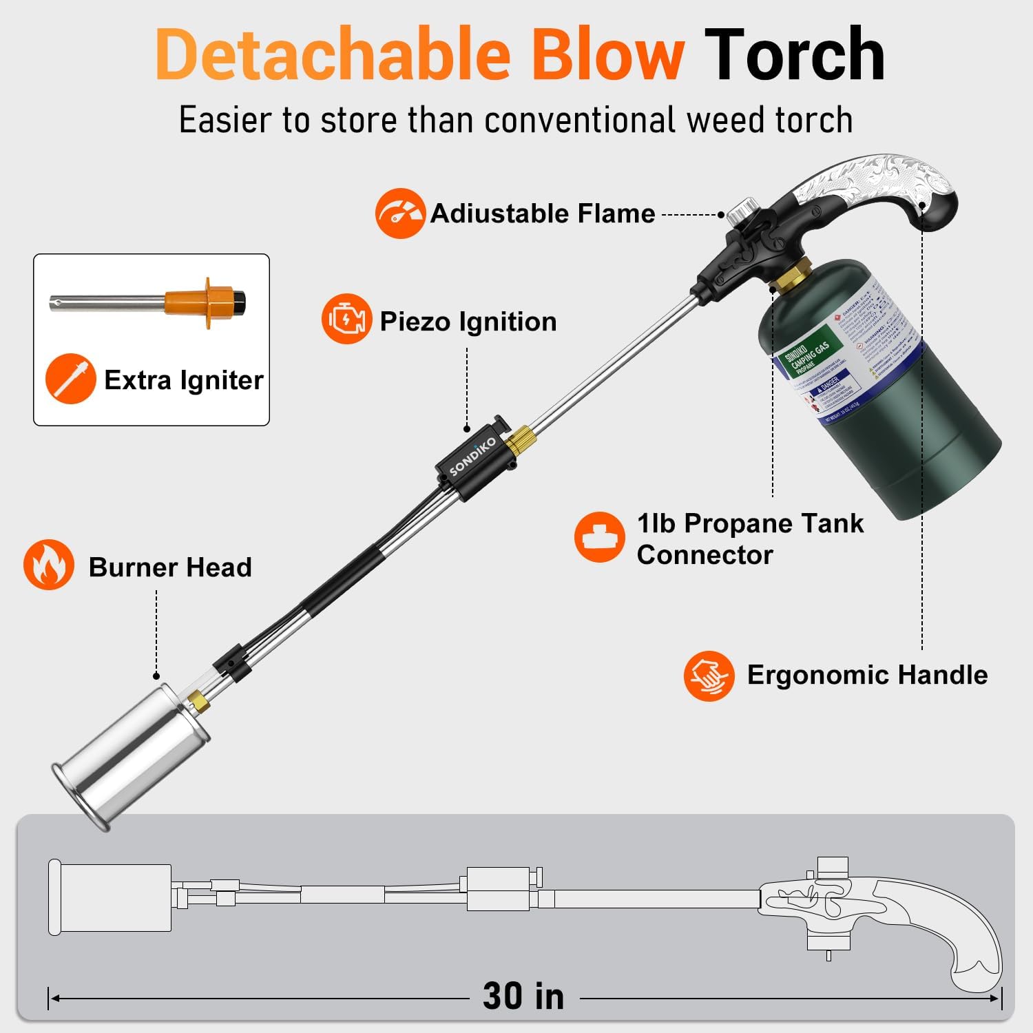 Detalle 1 de Sondiko GF-8016 Propane Weed Torch, 30-Inch Detachable, Adjustable Flame