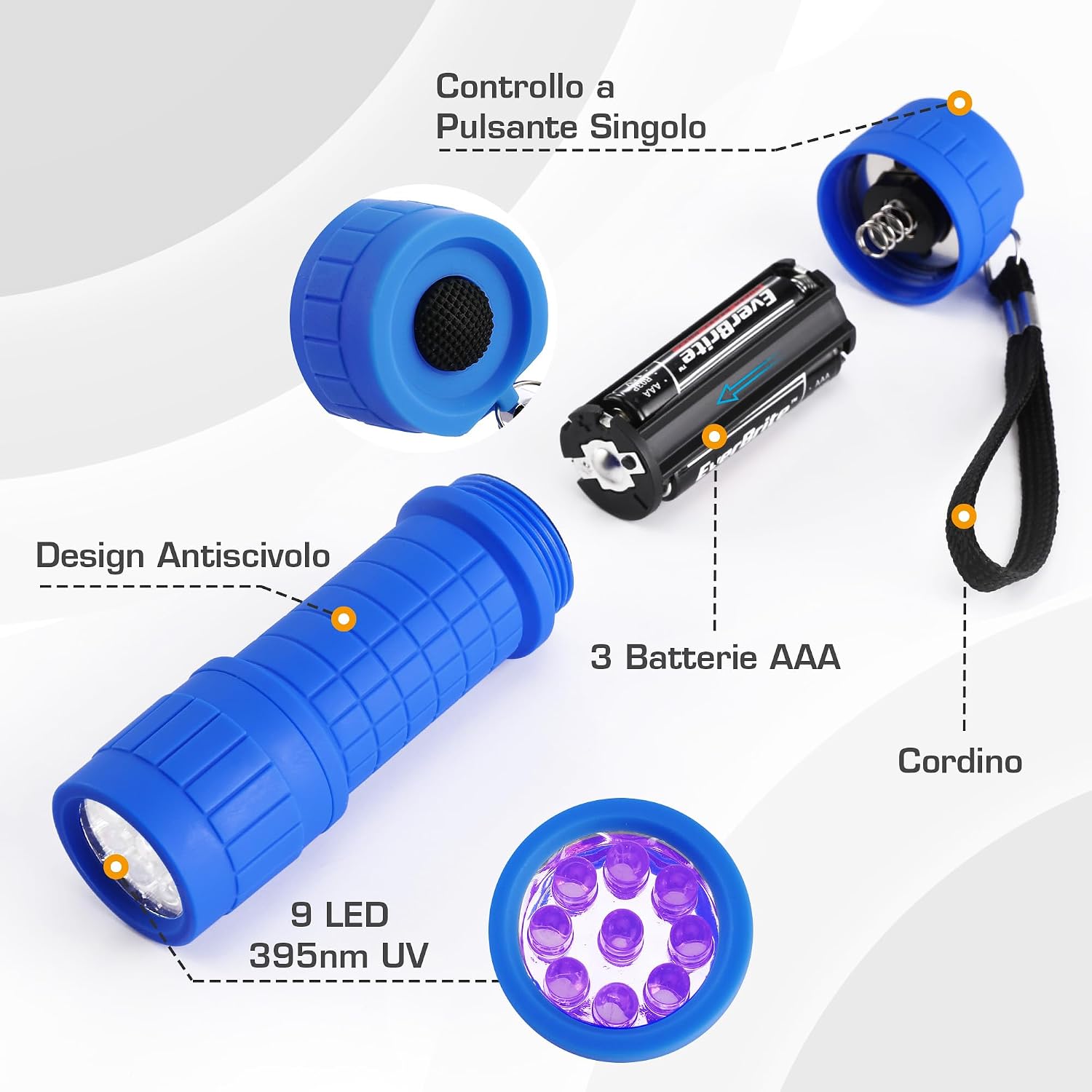 Detalle de EverBrite Torcia UV LED portatile da 395 nm (confezione da 6 pezzi, 6 colori) per rilevare macchie e urina di animali