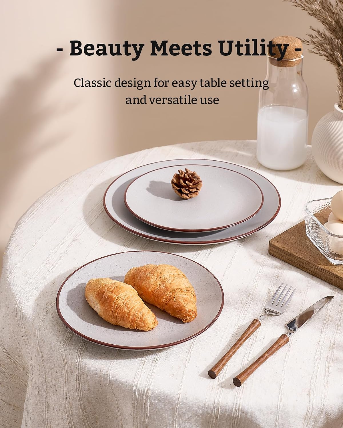 Thumbnail 2 de Famiware Venus Plates and Bowls Sets with Trim, 24 Pieces Speckled Stoneware Dinnerware for 8
