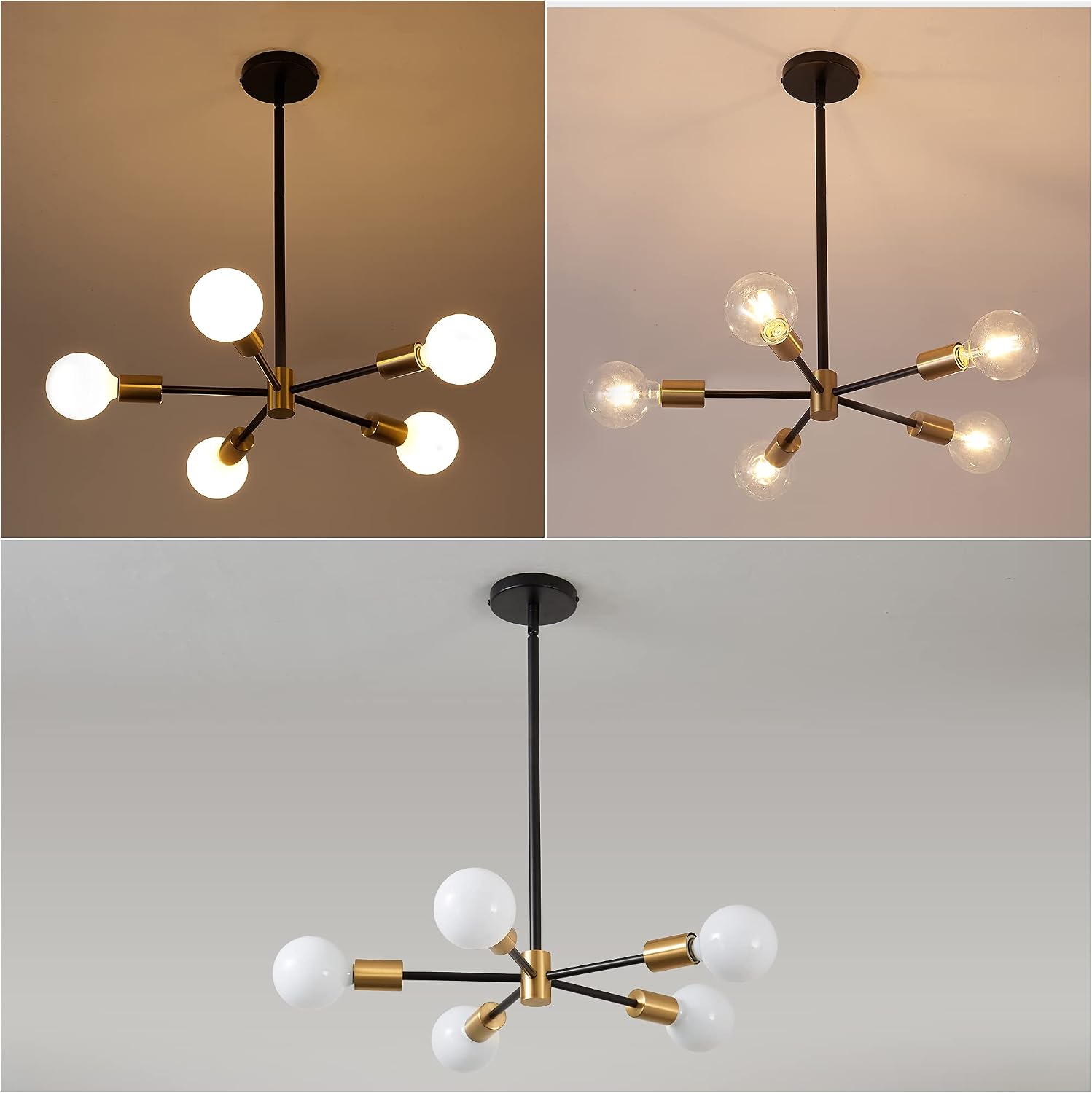 Thumbnail 5 de KAISITE 5-Light Sputnik Chandelier, Black and Gold, Adjustable Height