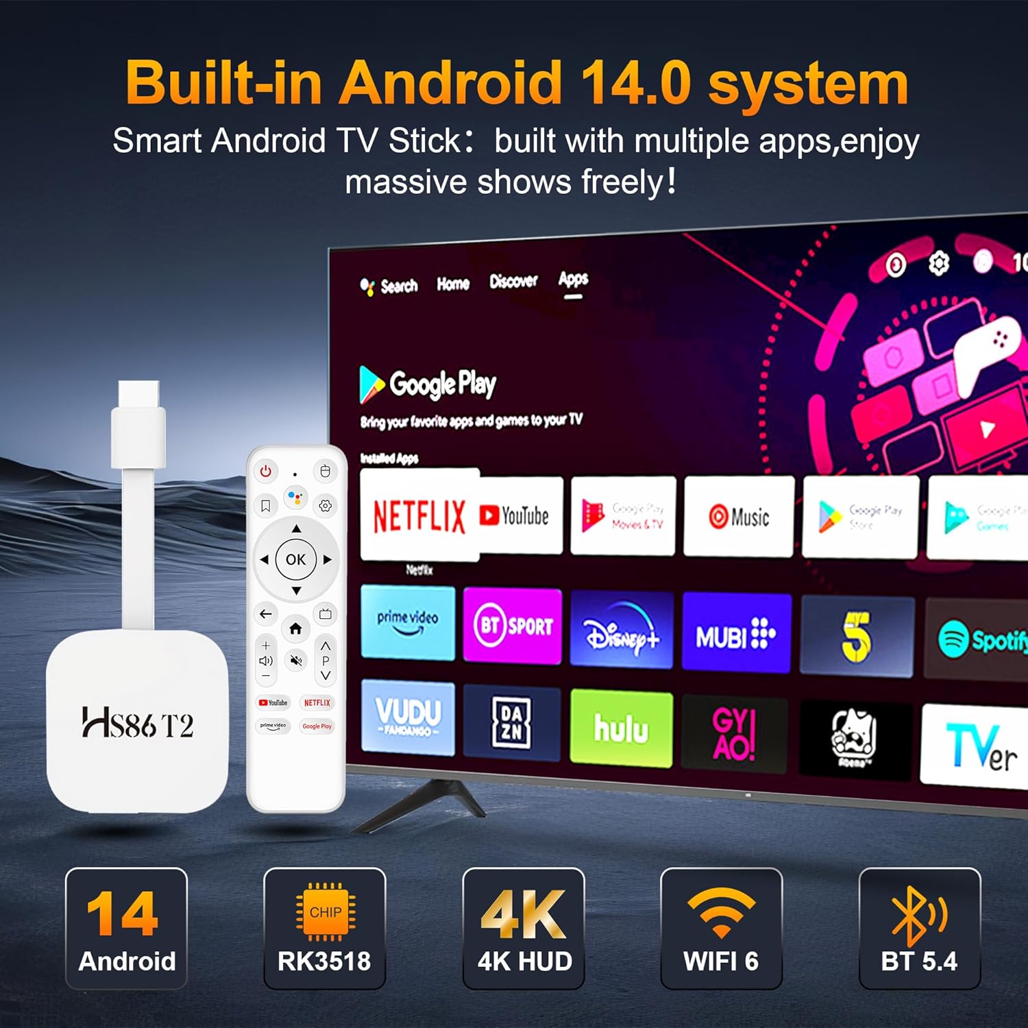 Thumbnail 2 de Android 14.0 TV Stick (RK3518) with 2GB RAM / 16GB ROM, 4K Ultra HD, Wi‑Fi 2.4G/5G, Bluetooth 5.4