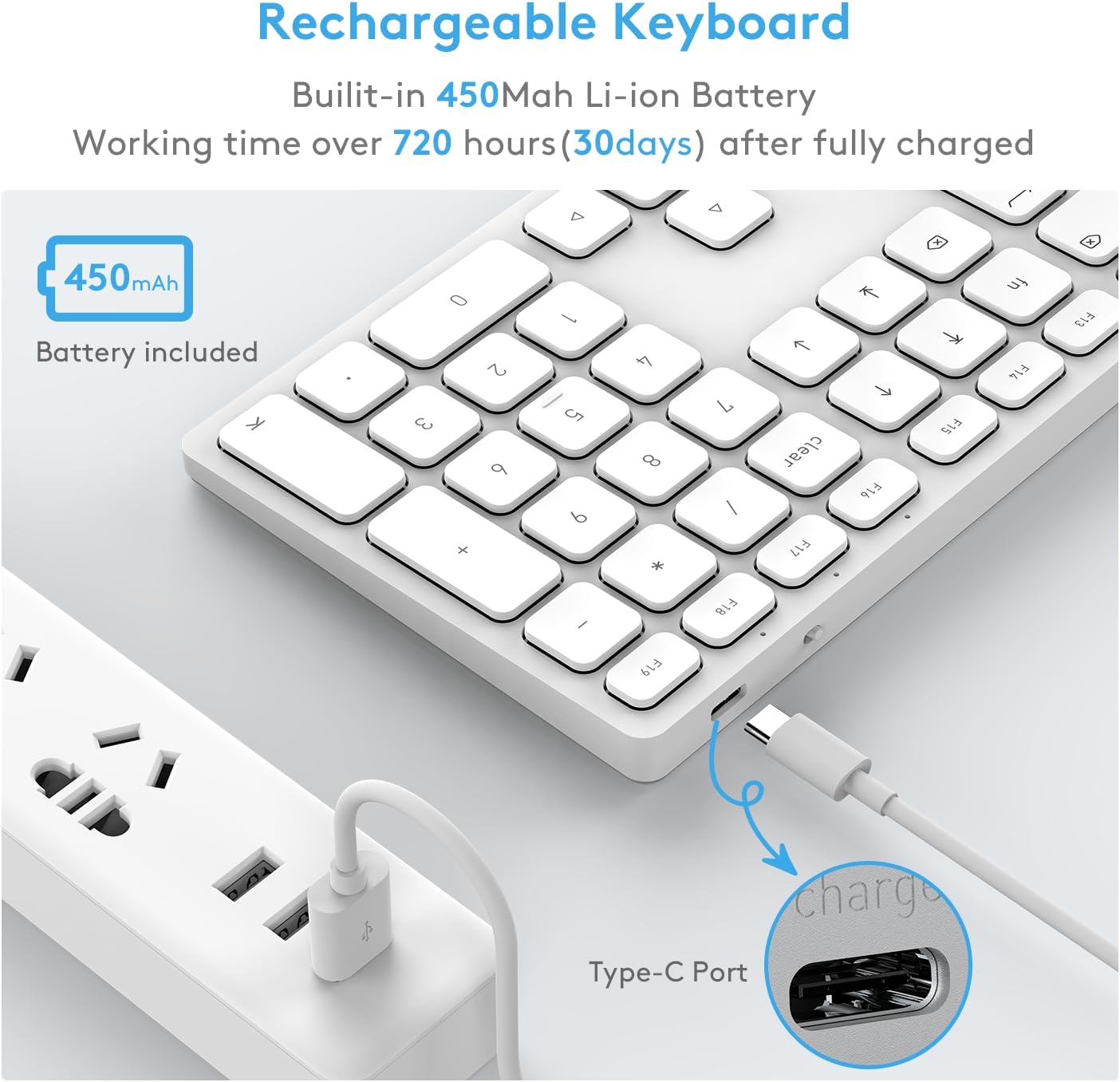 Detalle de Wireless Bluetooth Keyboard for Mac OS with Numeric Keypad – Foldable Kickstand, 450mAh Battery, 90 Days Battery Life