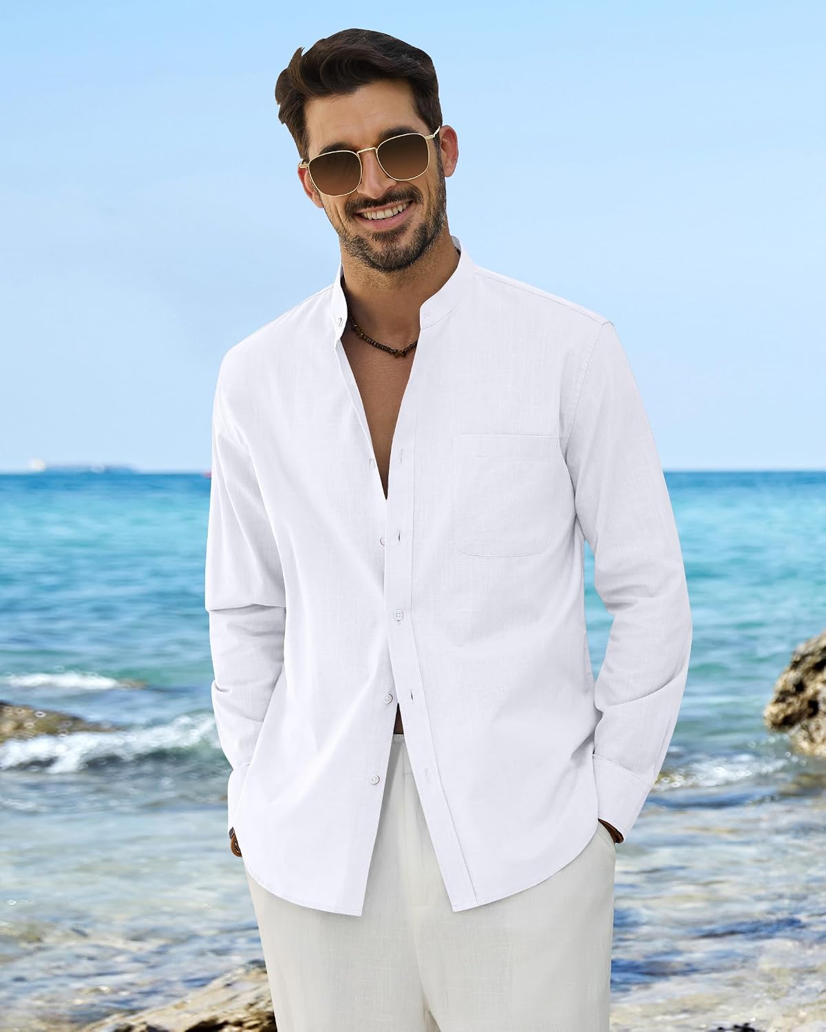 Thumbnail 1 de Siliteelon Men's Grandad Collar Long Sleeve Linen Shirt with Pocket – Regular Fit