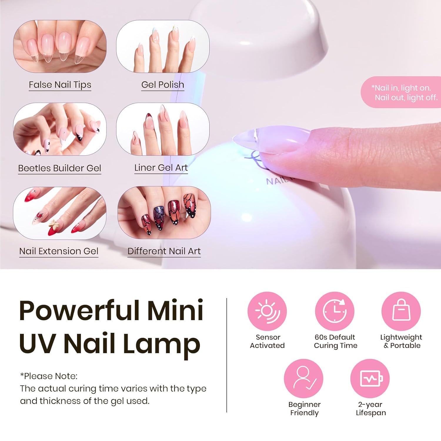 Detalle de Beetles Tipex Gel Nail Kit with Medium Almond Tips (224 Pcs) – 16 Sizes, Glue, Mini Lamp
